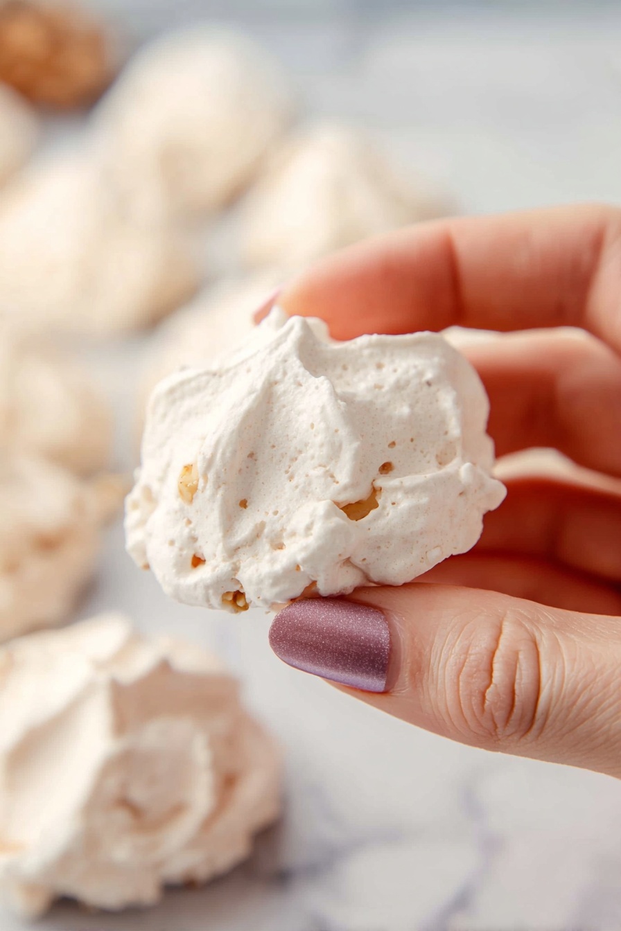 Old-Fashioned Divinity Candy, classic holiday candy, homemade divinity, fluffy candy recipe, nostalgic candy treats - A close-up of a woman's hand holding a small, light-colored meringue with a rough texture and small nut pieces mixed inside. The meringue has a slightly rounded shape with a few peaks and a soft, airy look. In the background, several similar meringues are blurred, resting on a white marbled surface. The woman's nails are painted with a shiny mauve color. Photo taken with an iphone --ar 2:3 --v 7