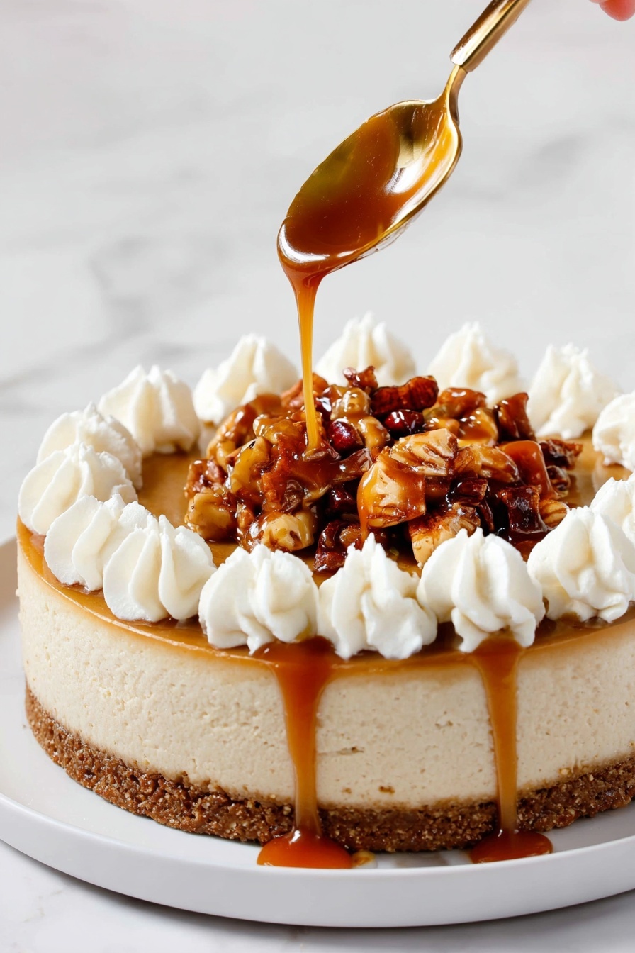 Caramel Apple Cheesecake, fall dessert recipes, apple cheesecake with caramel, easy caramel apple dessert, creamy cheesecake with spiced apples - A round cheesecake with three main layers: a brown crumb crust at the bottom, a thick light beige cheesecake in the middle, and a topping of glossy caramelized nuts and small fruit pieces in the center. Around the edge, there are white whipped cream swirls evenly spaced. A golden spoon held by a woman's hand is pouring smooth, shiny caramel sauce over the top, some caramel dripping down the side onto the white plate. The whole cake sits on a white marbled surface. photo taken with an iphone --ar 2:3 --v 7