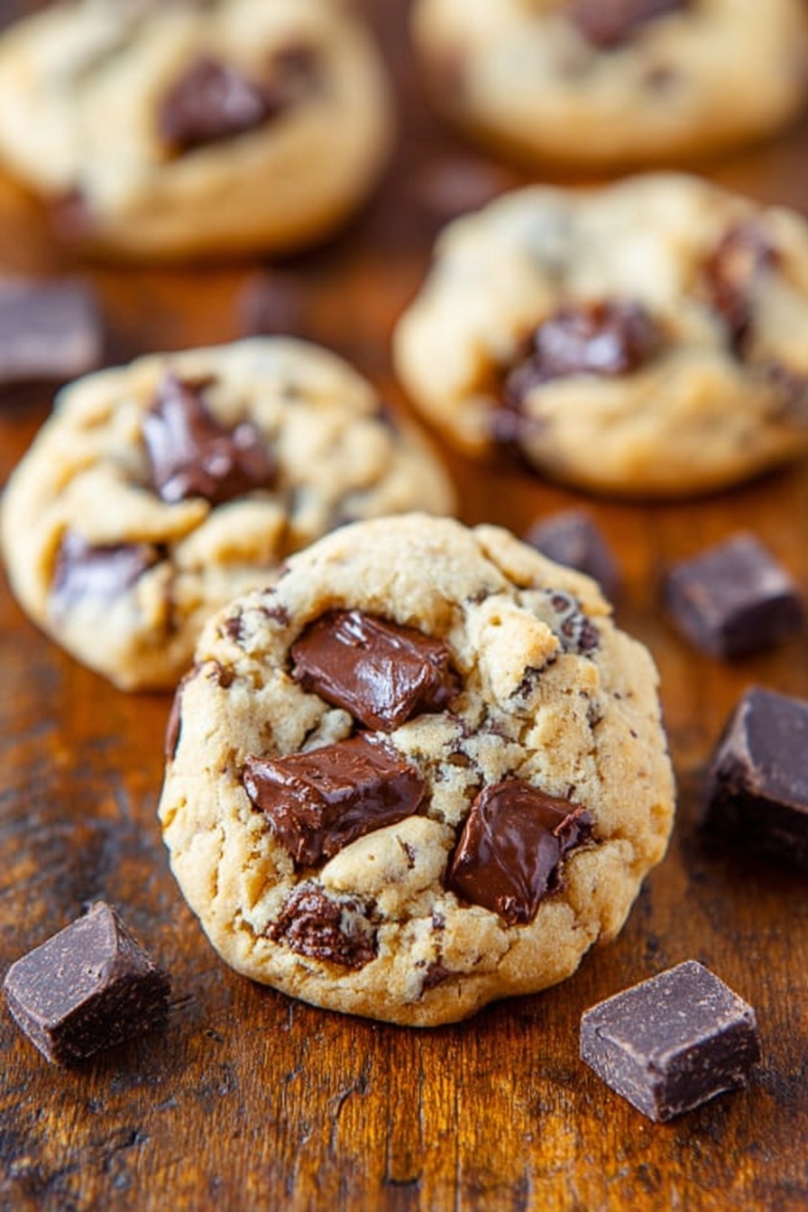 Cream Cheese Chocolate Chip Cookies, how to make cream cheese cookies, soft chocolate chip cookies with cream cheese, best cream cheese cookies recipe, easy cream cheese cookie recipe - The image shows several chocolate chip cookies resting on a wooden surface. The cookies are light golden brown and have a rough, soft texture with uneven edges. Each cookie has many dark brown chocolate chunks scattered on top and embedded inside, giving a rich contrast to the dough. Around the cookies, there are a few loose chocolate pieces placed randomly on the wood. The background is blurred, focusing clearly on the cookies in the front. Photo taken with an iphone --ar 2:3 --v 7