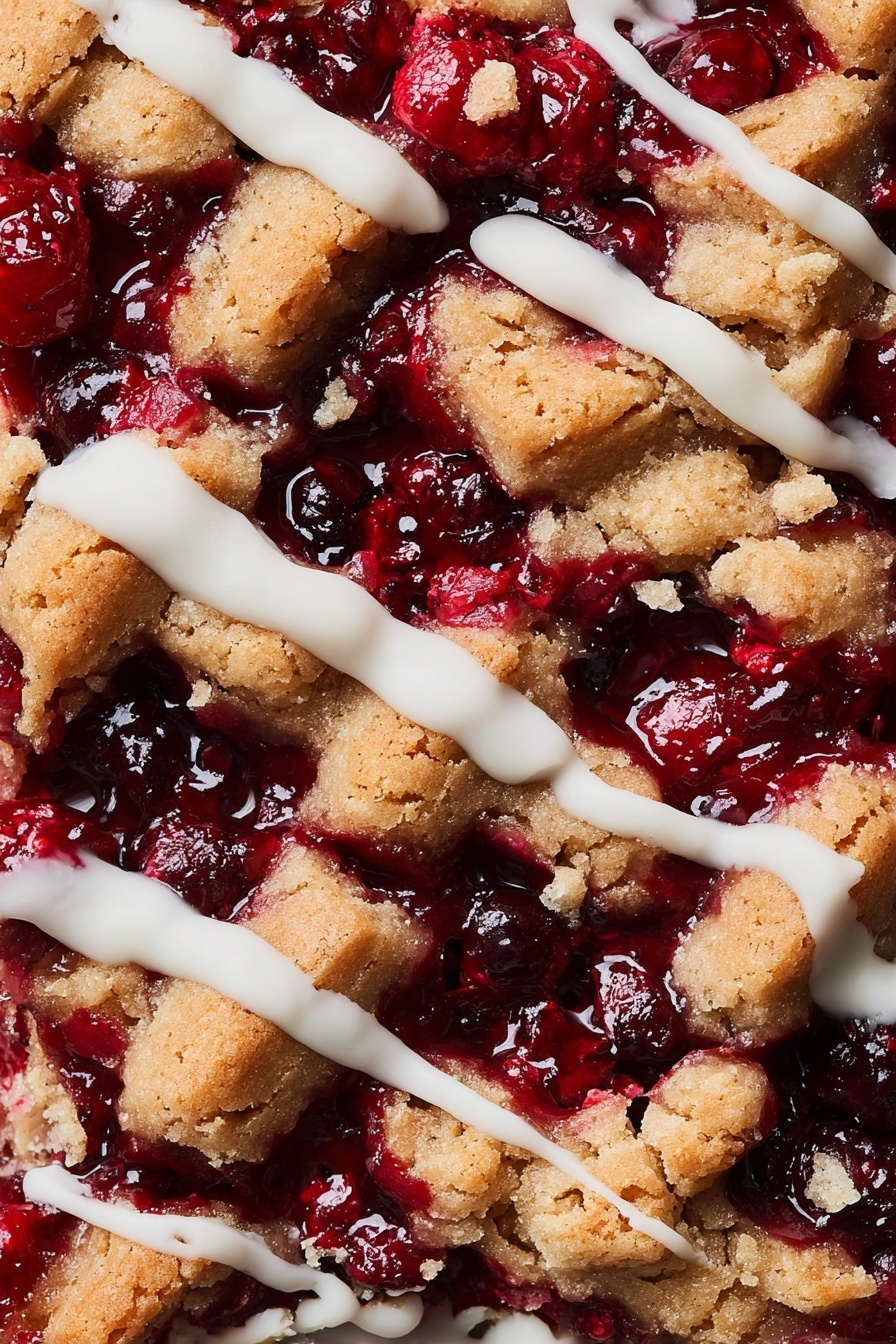 Cranberry Crumble Bars with Shortbread, cranberry bars, shortbread dessert recipes, seasonal cranberry bars, easy holiday fruit bars - The image shows a close-up view of a dessert made of three main layers: the base layer is bright red berry filling with whole and broken pieces of berries, giving it a juicy and shiny texture; scattered on top are thick, rough chunks of golden-brown baked dough creating a lattice effect with uneven edges and crumbly surface; white icing is drizzled across the top in thin, smooth lines that contrast with the rough dough and glossy berries. The whole scene is on a white marbled texture background. photo taken with an iphone --ar 2:3 --v 7