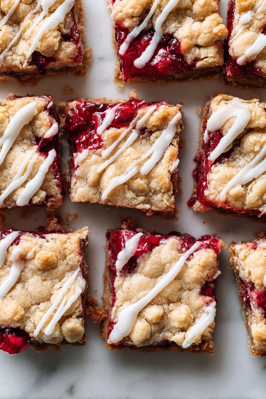 Cranberry Crumble Bars with Shortbread, cranberry bars, shortbread dessert recipes, seasonal cranberry bars, easy holiday fruit bars - The image shows a close-up of nine square-shaped dessert bars arranged in a grid on a white marbled surface. Each bar has two main layers: a golden-brown crumbly top with a rough texture, and a bright red fruit filling underneath that appears juicy and slightly glossy with visible whole berries. There are white icing drizzle lines scattered unevenly on top of the crumbly layer, adding contrast to the warm golden and red colors. The edges of the bars show the rich fruit filling oozing out just a little, and the bars look soft and thick, with clear separations between each square. photo taken with an iphone --ar 2:3 --v 7