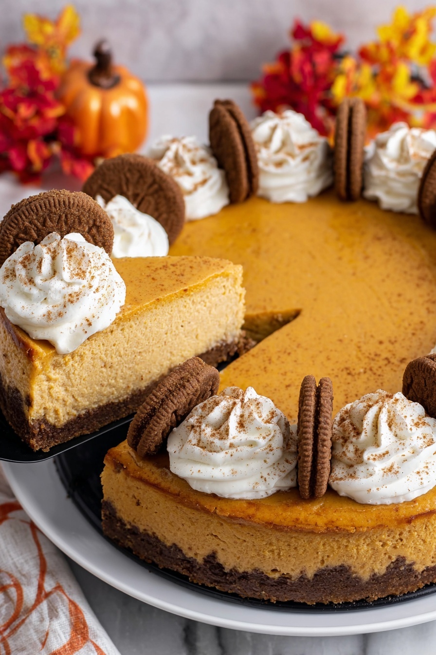 Pumpkin Cheesecake with Gingersnap Crust, pumpkin cheesecake, fall dessert recipes, gingersnap crust cheesecake, holiday pumpkin dessert - A thick pumpkin cheesecake sits on a white plate over a white marbled surface; one large slice is being lifted by a black spatula. The cheesecake has two visible layers: a dense brown crust and a smooth orange pumpkin layer on top. Around the edge of the cheesecake are dollops of white whipped cream, each topped with a sprinkle of cinnamon and a single brown cookie standing upright, creating a decorative border. Behind the plate, there are small fall-themed decorations with orange, red, and yellow colors, adding a seasonal vibe. photo taken with an iphone --ar 2:3 --v 7