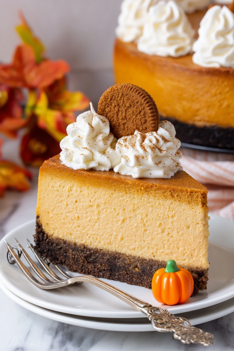 Pumpkin Cheesecake with Gingersnap Crust, pumpkin cheesecake, fall dessert recipes, gingersnap crust cheesecake, holiday pumpkin dessert - A slice of pumpkin cheesecake with three visible layers: a thick dark brown crust at the bottom with a rough texture, a large light orange creamy pumpkin filling in the middle, and two swirls of white whipped cream on top sprinkled with cinnamon. A small round brown cookie is placed vertically between the whipped cream swirls, and a small bright orange candy shaped like a pumpkin sits at the base of the slice. The cheesecake slice is on a white plate with an ornate silver fork resting on its right side, all set on a white marbled surface with soft autumn decorations in the background. Photo taken with an iphone --ar 2:3 --v 7