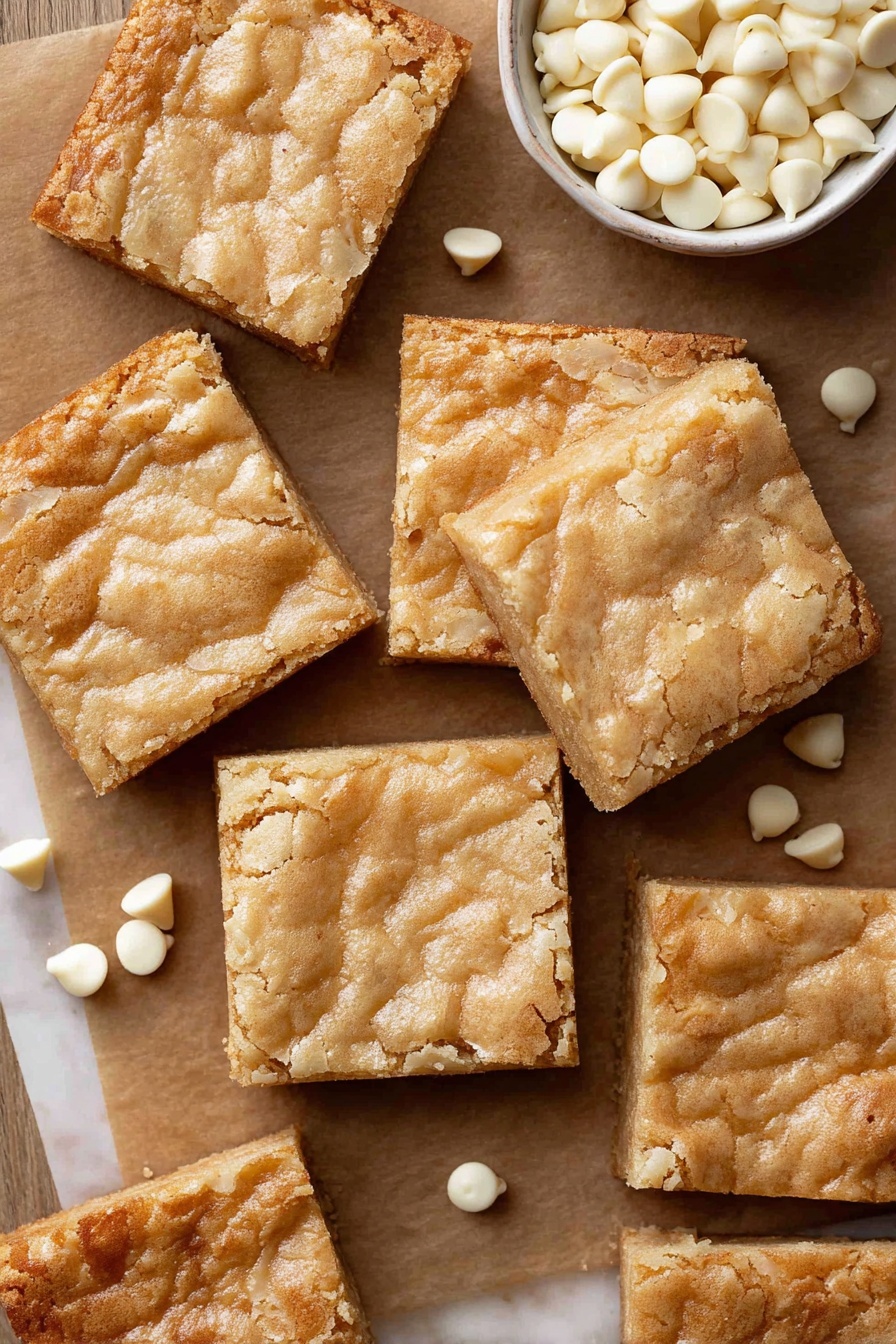 White Chocolate Brownie Squares, White Chocolate Brownies, White Chocolate Dessert, Easy Brownie Recipes, Decadent White Chocolate Treats - The image shows several square blondie bars arranged closely on brown parchment paper placed on a white marbled surface. Each blondie has a light golden-brown crust with a cracked, almost shiny top that gives a slightly wrinkled texture. The edges of the bars are a bit darker, showing a firmer and crisp look. Scattered around the blondies are some white chocolate chips, with a small white bowl filled with more of the chips in the upper right section of the image. The overall tone is warm and inviting with a clear focus on the smooth, cracked texture of the blondie tops. photo taken with an iphone --ar 2:3 --v 7