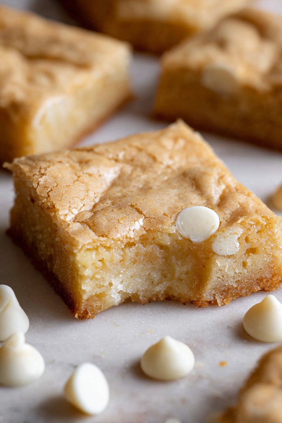 White Chocolate Brownie Squares, White Chocolate Brownies, White Chocolate Dessert, Easy Brownie Recipes, Decadent White Chocolate Treats - A close-up shows a square blondie bar with a golden-brown, cracked top layer and a soft, moist light yellow bottom layer. The blondie has a small bite taken out of one corner, exposing its dense interior texture. Around the blondie are smooth, creamy white chocolate chips scattered on a white marbled surface. The background shows parts of other similar blondies out of focus, creating a warm, homemade feel. photo taken with an iphone --ar 2:3 --v 7