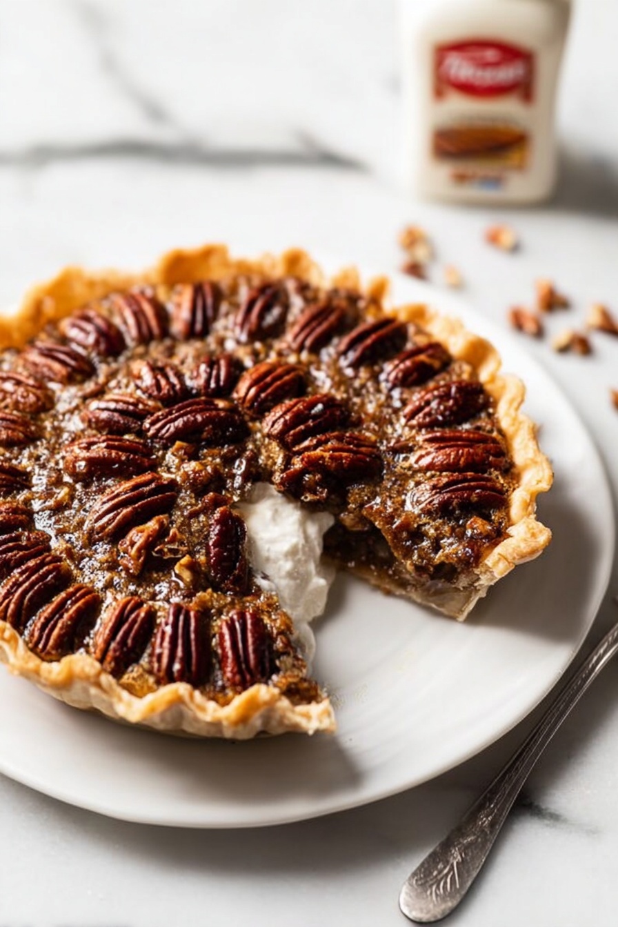Chocolate Bourbon Pecan Pie, bourbon pecan pie, chocolate pecan pie, holiday pecan pie, decadent pecan pie - A round pecan pie with a golden, crimped crust sits centered on a white plate over a beige linen napkin placed on a white marbled surface. The pie filling is dark brown with a glossy texture, topped with a neat layer of whole pecans arranged in concentric circles filling the entire pie surface. Around the plate, there are scattered whole pecans and some pecan halves on the white marbled surface. To the upper left, a small white bowl filled with pecans is visible, and above the pie, a clean white bowl with two forks rests on a striped beige cloth. To the lower left, two clear glasses filled with a white liquid enhance the composition. A silver knife lies to the right of the plate on the linen. Photo taken with an iphone --ar 2:3 --v 7