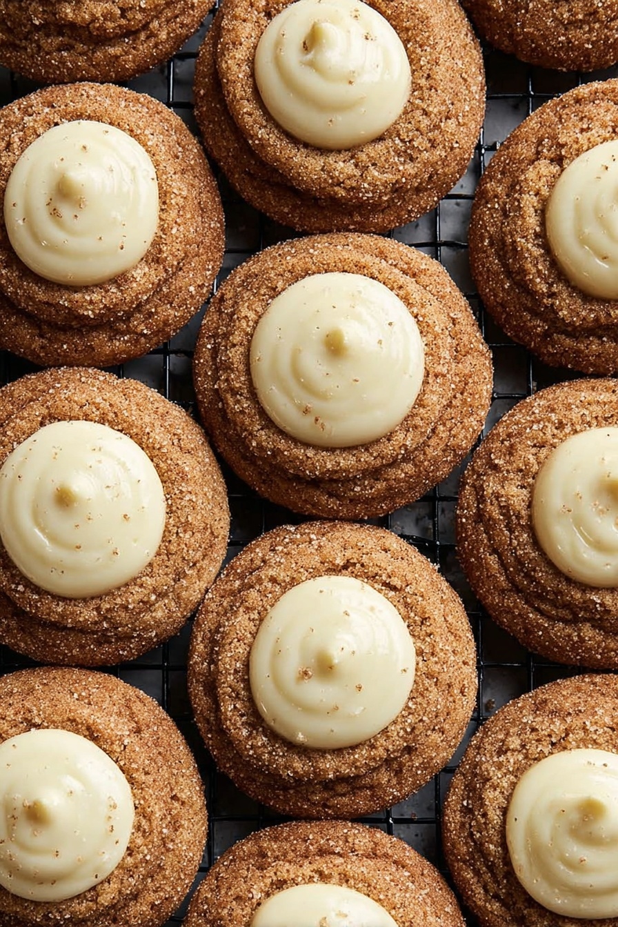 Eggnog Snickerdoodle Thumbprint Cookies, holiday cookie recipes, festive thumbprint cookies, eggnog desserts, Christmas cookie ideas - The image shows many round cookies arranged closely on a black cooling rack with a grid pattern. Each cookie has two layers: the bottom layer is a light brown cookie with a rough, crumbly texture and a dusting of cinnamon or spice, while the top layer is a small dollop of smooth, white cream placed in the center of each cookie. The cookies appear soft and slightly thick, with the cream layer slightly glossy and smooth. The white marbled texture is visible in the background beyond the cooling rack. photo taken with an iphone --ar 2:3 --v 7