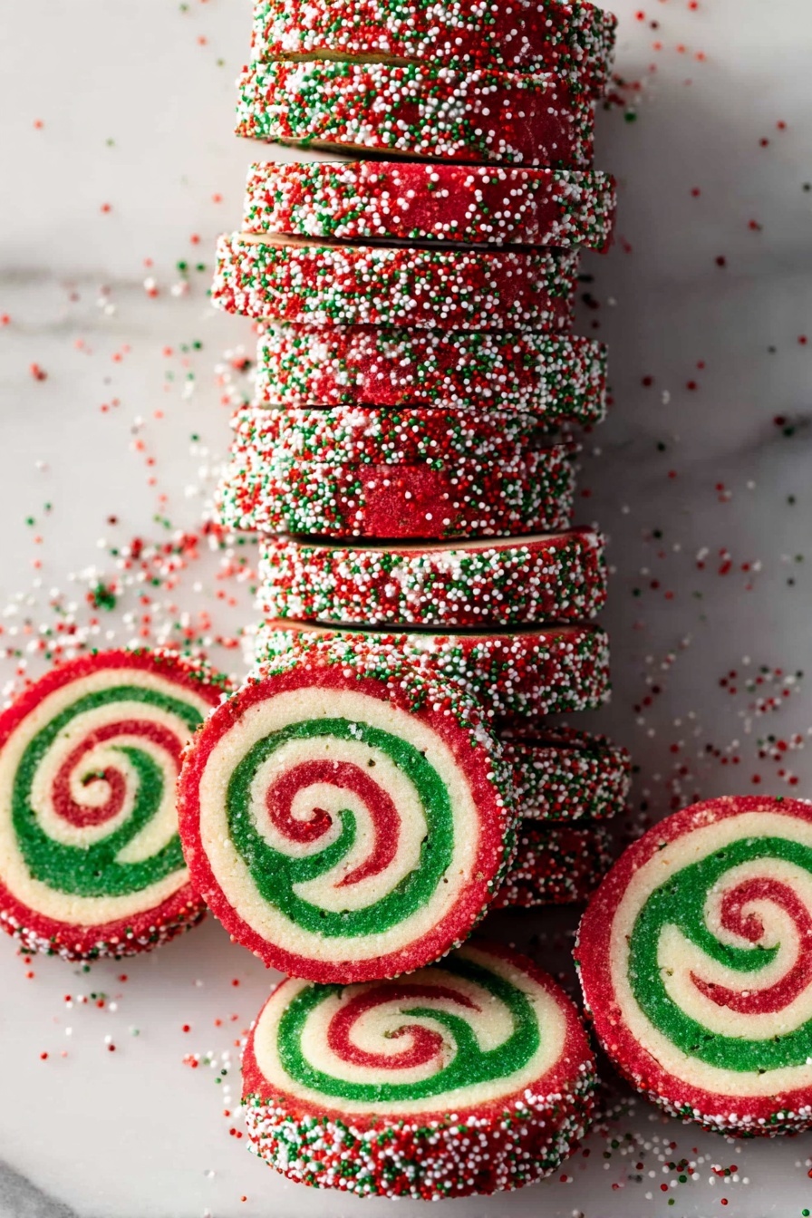 Festive Holiday Pinwheel Cookies, holiday cookie recipes, Christmas cookie ideas, easy holiday cookies, colorful pinwheel cookies - The image shows a stack of round pinwheel cookies with three visible layers spiraled inside each cookie: a red outer layer, a white middle layer, and a green inner layer. The edges of the cookies are covered with red, white, and green small round sprinkles that spill onto a white marbled surface. Some cookies are stacked neatly, while others lie flat beside the stack, showing the swirl pattern clearly. The cookies look festive and colorful, arranged in a tall stack with scattered sprinkles around them. Photo taken with an iphone --ar 2:3 --v 7