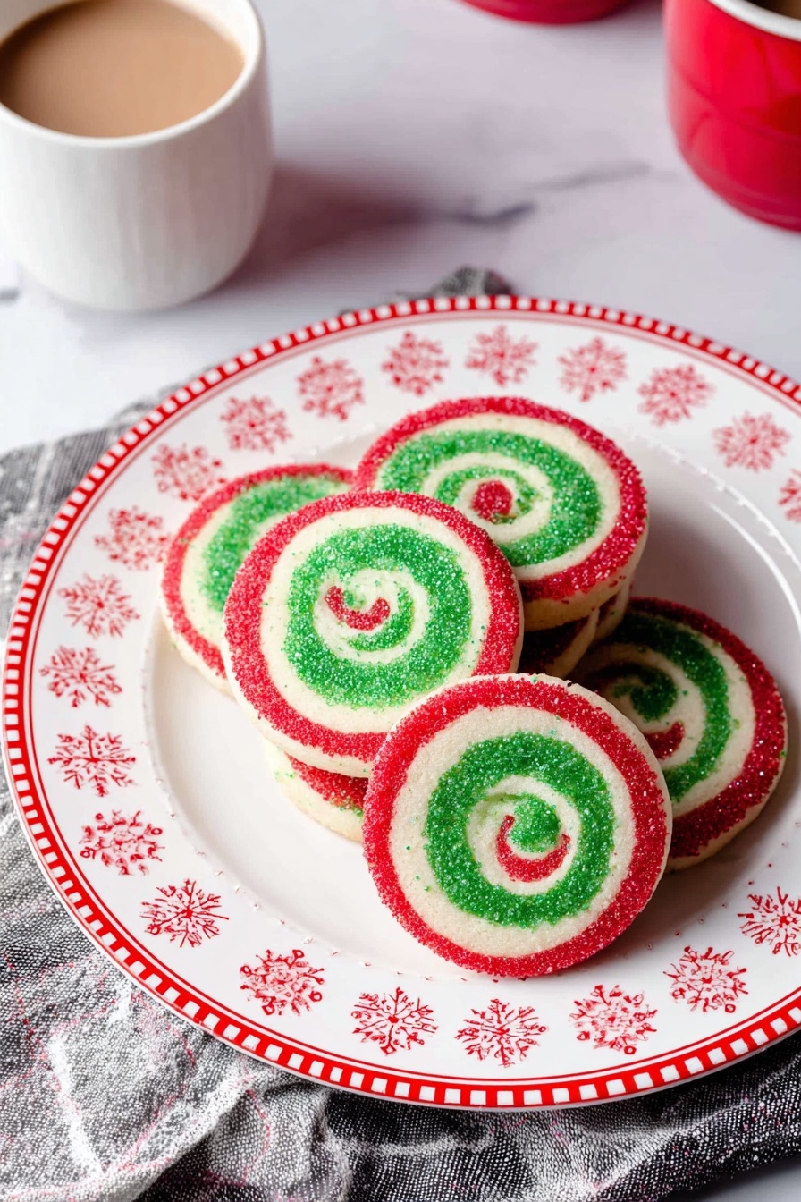 Festive Holiday Pinwheel Cookies, holiday cookie recipes, Christmas cookie ideas, easy holiday cookies, colorful pinwheel cookies - The image shows a stack of round spiral cookies on a white plate with red snowflake patterns and a red rim with dots and lines. The cookies have three colored layers forming a swirl: a green inner spiral, a white middle layer, and a red outer edge. The edges of the cookies are sprinkled with tiny colored sugar bits. The plate is placed on a white marbled surface, with part of a gray and white cloth visible underneath. To the top left of the plate, there is a white cup with a light brown drink inside, and to the top right, a red cup is partially visible. photo taken with an iphone --ar 2:3 --v 7