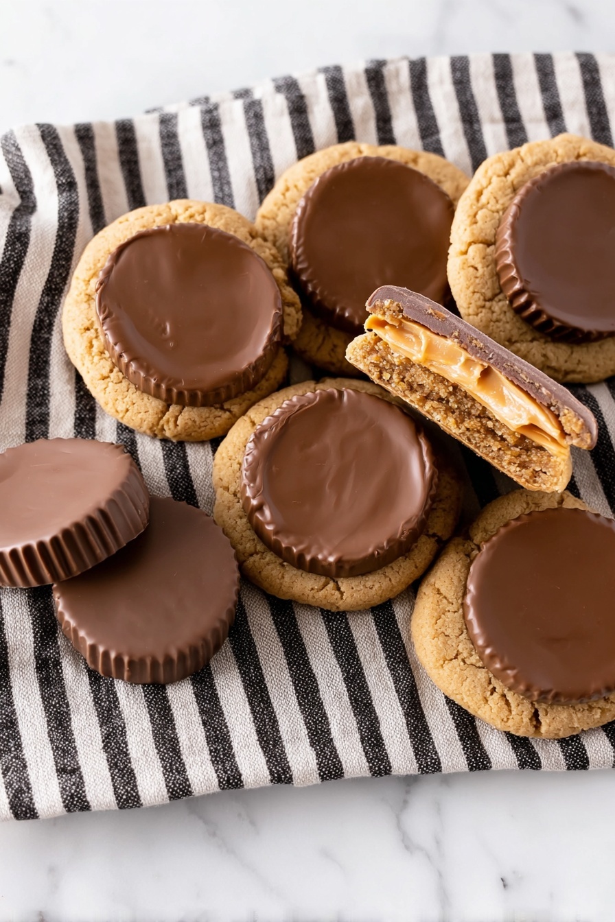 Reese's Peanut Butter Cookie Cups, peanut butter chocolate cookies, homemade Reese's cookie cups, easy peanut butter cookie recipe, chocolate peanut butter treats - The image shows six peanut butter cookies topped with smooth milk chocolate disks arranged in a curved line. The cookies have a light brown, slightly crumbly texture with soft, shiny chocolate on top. Two cookies are standing on their sides in the middle, showing a thick layer of filling that looks creamy and chocolatey inside. Below the cookies, there are two chocolate peanut butter cups with a rich brown color and a smooth surface. The cookies and cups rest on a piece of black and white striped cloth, placed on a white marbled surface. photo taken with an iphone --ar 2:3 --v 7