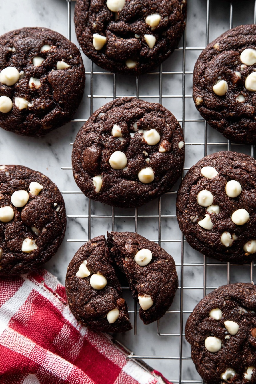 Inside Out Chocolate Chip Cookies, chocolate chip cookies with white chocolate gems, cocoa-flavored cookies recipe, unique chocolate cookie recipe, irresistible chocolate chip cookie twist - Dark brown round chocolate cookies with white chocolate chips scattered on top and inside, some cookies are whole and some broken, placed on a silver wire rack on a white marbled surface. A red and white checkered cloth is partially visible under one side of the rack. The cookies have a slightly rough texture, with some white chips melting into the dark dough. Photo taken with an iphone --ar 2:3 --v 7