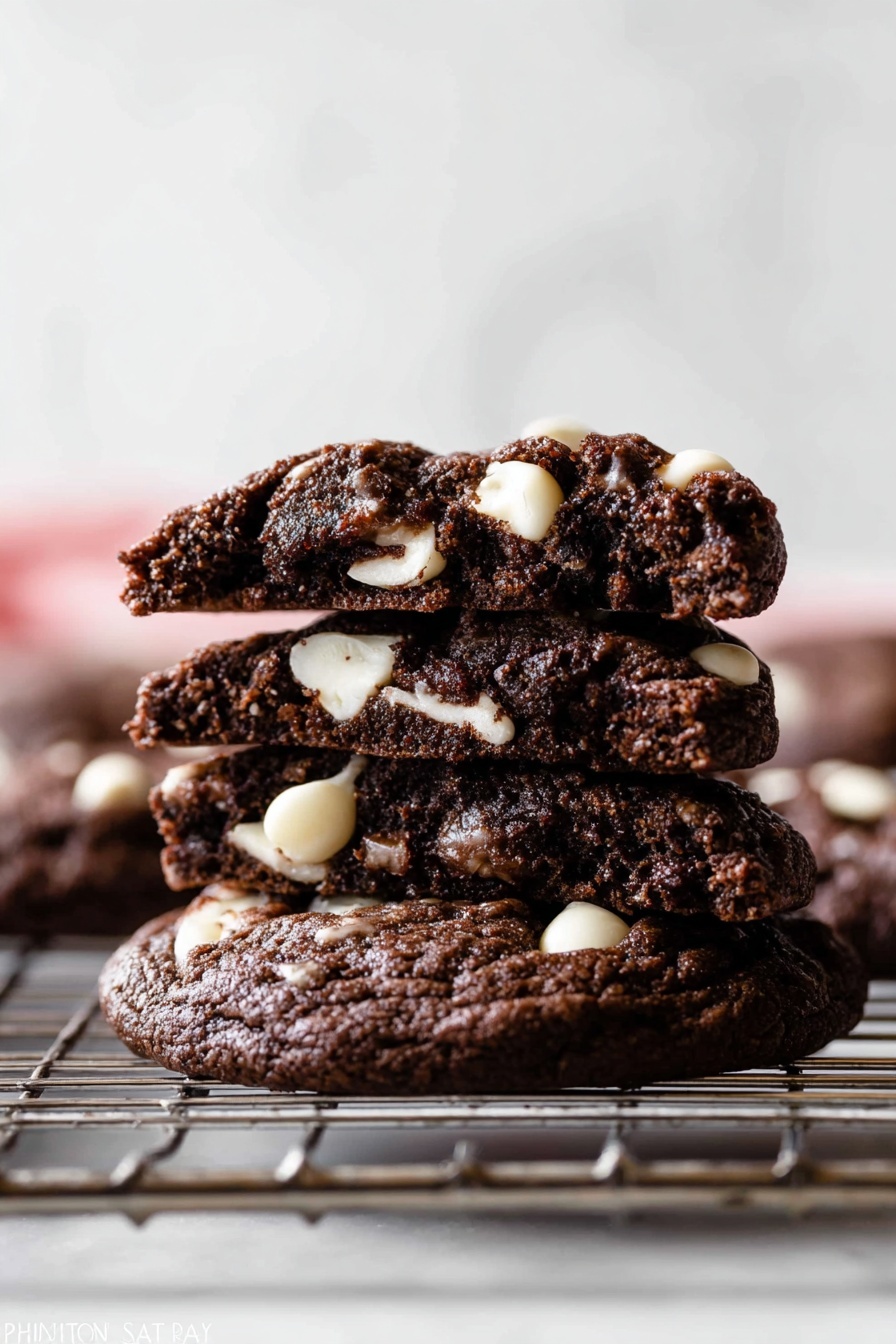 Inside Out Chocolate Chip Cookies, chocolate chip cookies with white chocolate gems, cocoa-flavored cookies recipe, unique chocolate cookie recipe, irresistible chocolate chip cookie twist - The image shows a stack of three dark chocolate cookies with white chocolate chips. The bottom cookie lies flat on a metal cooling rack, with a soft and slightly bumpy texture. On top are two cookie halves stacked unevenly, showing a moist inside with white chocolate chips embedded inside and on the surface. The background is a smooth white marbled texture, which highlights the deep brown color of the cookies and the bright white of the chips. Photo taken with an iphone --ar 2:3 --v 7