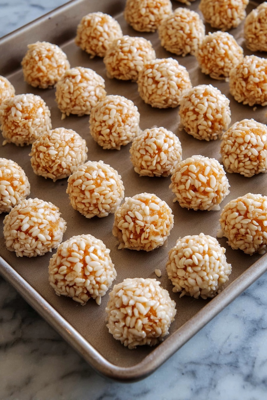 Marshmallow Caramel Rice Krispies Puffs, Rice Krispies treats with caramel and marshmallows, easy caramel marshmallow snack, gourmet Rice Krispies squares, crowd-pleasing holiday treats - There is a metal baking tray filled with small round balls arranged in neat rows. Each ball has a smooth, orange base layer covered with a rough texture layer of puffed rice all around it. The tray sits on a white marbled surface, and the lighting highlights the crunchy texture of the puffed rice coating the balls. Photo taken with an iphone --ar 2:3 --v 7