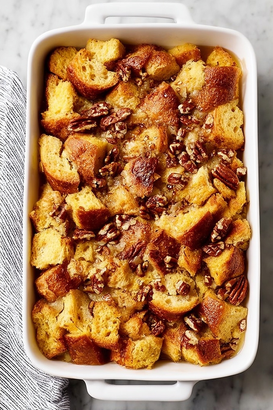 French Toast Casserole with Pecans, breakfast casserole with pecans, easy French toast bake, weekend brunch ideas, overnight breakfast casserole - A white rectangular baking dish filled with a bread pudding made of uneven, golden-brown bread pieces as the top layer, with some pieces showing a crisp texture and others soft. Scattered throughout are small bits of pecans adding a nutty brown contrast on top. The dish rests on a white marbled surface with a striped cloth partially visible on the left side. The overall look is warm and inviting, showing a mix of crunchy and soft textures in a single-layer baked dish photo taken with an iphone --ar 2:3 --v 7