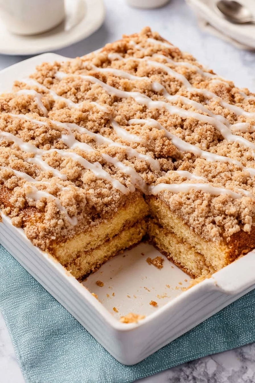Sour Cream Coffee Cake with Streusel Topping, moist coffee cake recipe, easy streusel coffee cake, breakfast coffee cake with sour cream, tangy sour cream coffee cake - The image shows a white square baking dish with a crumb cake inside. The cake has two layers of soft light brown cake with a thick layer of crumb topping and a drizzle of white icing on top. The crumb topping is coarse and golden brown, covering the whole surface of the cake. One piece of the cake is missing, revealing the layers inside. The dish is placed on a white marbled surface with a pale blue cloth on the side. Photo taken with an iphone --ar 2:3 --v 7