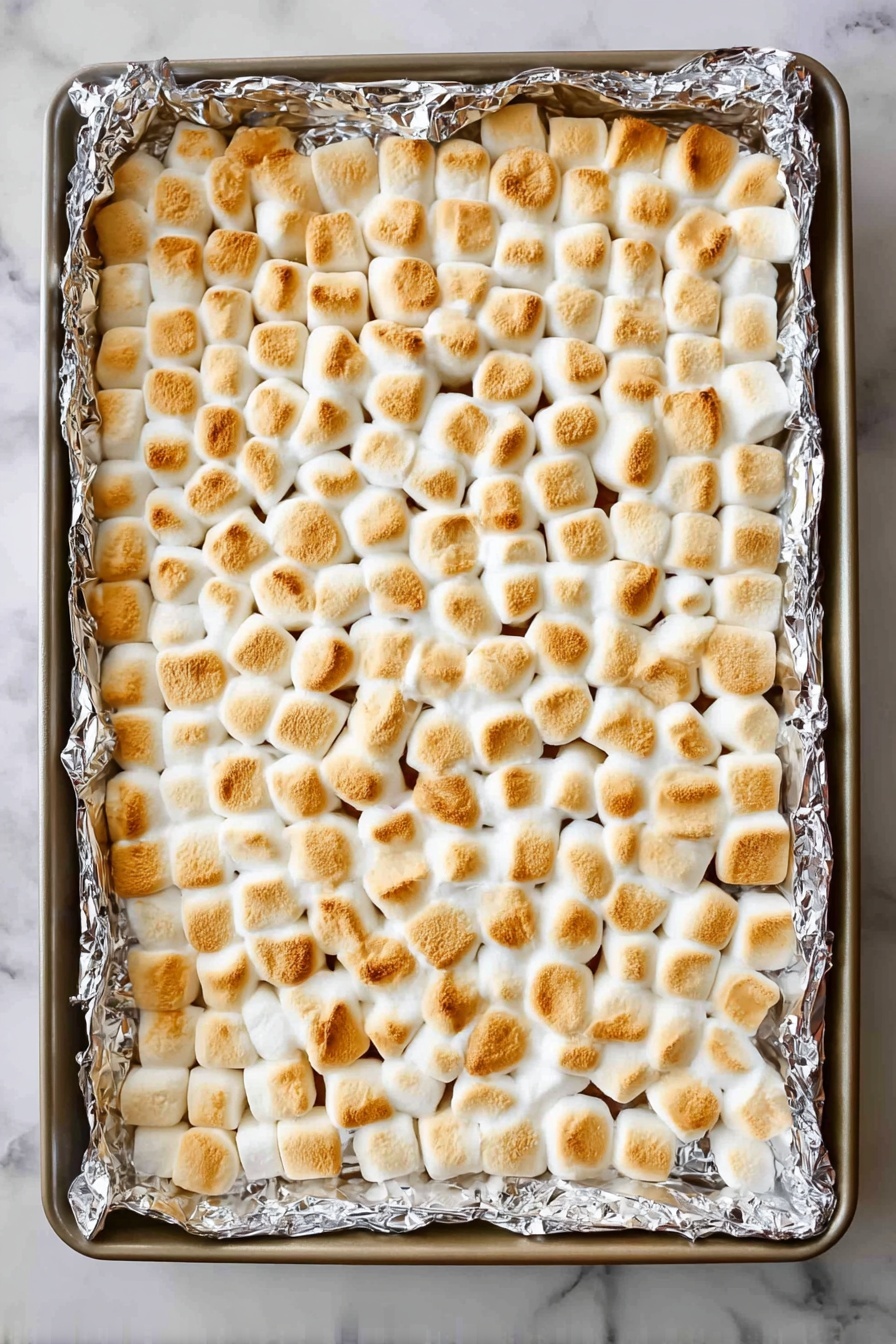 Chocolate S'mores Bars, S'mores Bars Recipe, Easy S'mores Bars, No-Bake S'mores Bars, Chocolate Marshmallow Bars - A large rectangular baking tray lined with shiny foil holds a layer of toasted mini marshmallows. The marshmallows are golden brown on top with some parts slightly darker, showing a toasted texture through their soft puffed forms. They cover the entire tray evenly in rows, creating a mosaic of small, round shapes with slightly caramelized spots. The tray sits on a white marbled surface. photo taken with an iphone --ar 2:3 --v 7