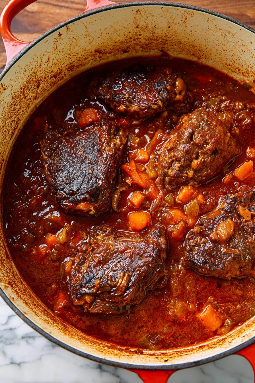 Italian Pot Roast Beef, Italian Pot Roast Recipe, Hearty Italian Beef Dinner, Easy Italian Roast, Comfort Food Italian Roast - The image shows a large white pot filled with a rich, dark brown stew with four large pieces of browned, cooked meat sitting on top, surrounded by a thick red sauce mixed with small chunks of orange carrots and lighter-colored vegetables. The inside walls of the pot have some sauce stains, and the pot handles are red. The scene is set on a white marbled surface. Photo taken with an iphone --ar 2:3 --v 7