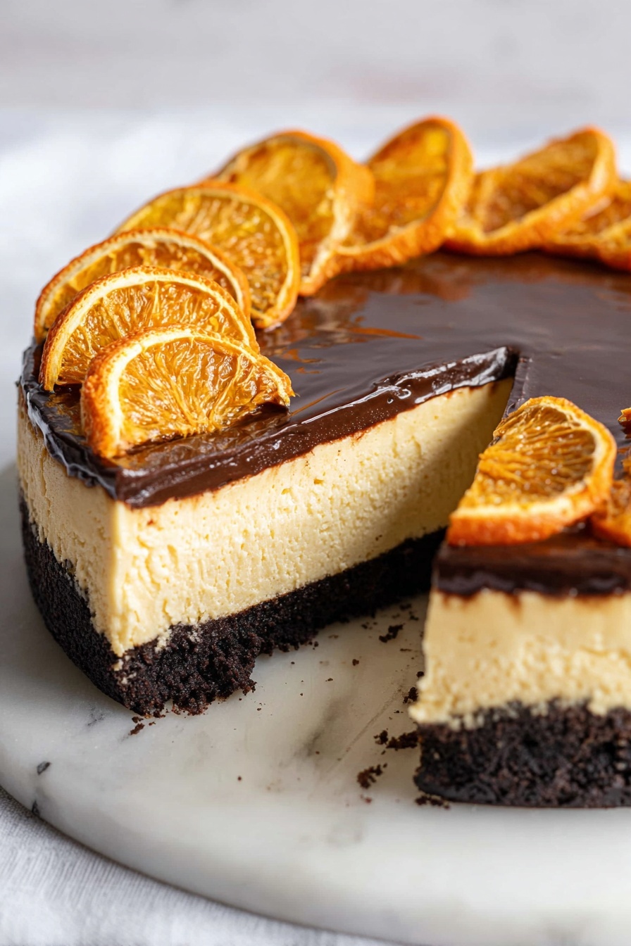 Chocolate Orange Cheesecake, orange chocolate cheesecake, no-bake cheesecake with orange, citrus and chocolate dessert, decadent orange chocolate treat - The image shows a three-layer cheesecake on a white marbled surface with a slice removed. The bottom layer is a dark brown, crumbly crust, the middle layer is a thick, creamy light yellow cheesecake, and the top layer is a smooth, glossy dark chocolate glaze. On top of the chocolate layer, there are evenly spaced, upright dried orange slices with bright orange color and textured skins, arranged around the edge of the cheesecake. The white marbled surface underneath contrasts gently with the rich colors of the cake. photo taken with an iphone --ar 2:3 --v 7