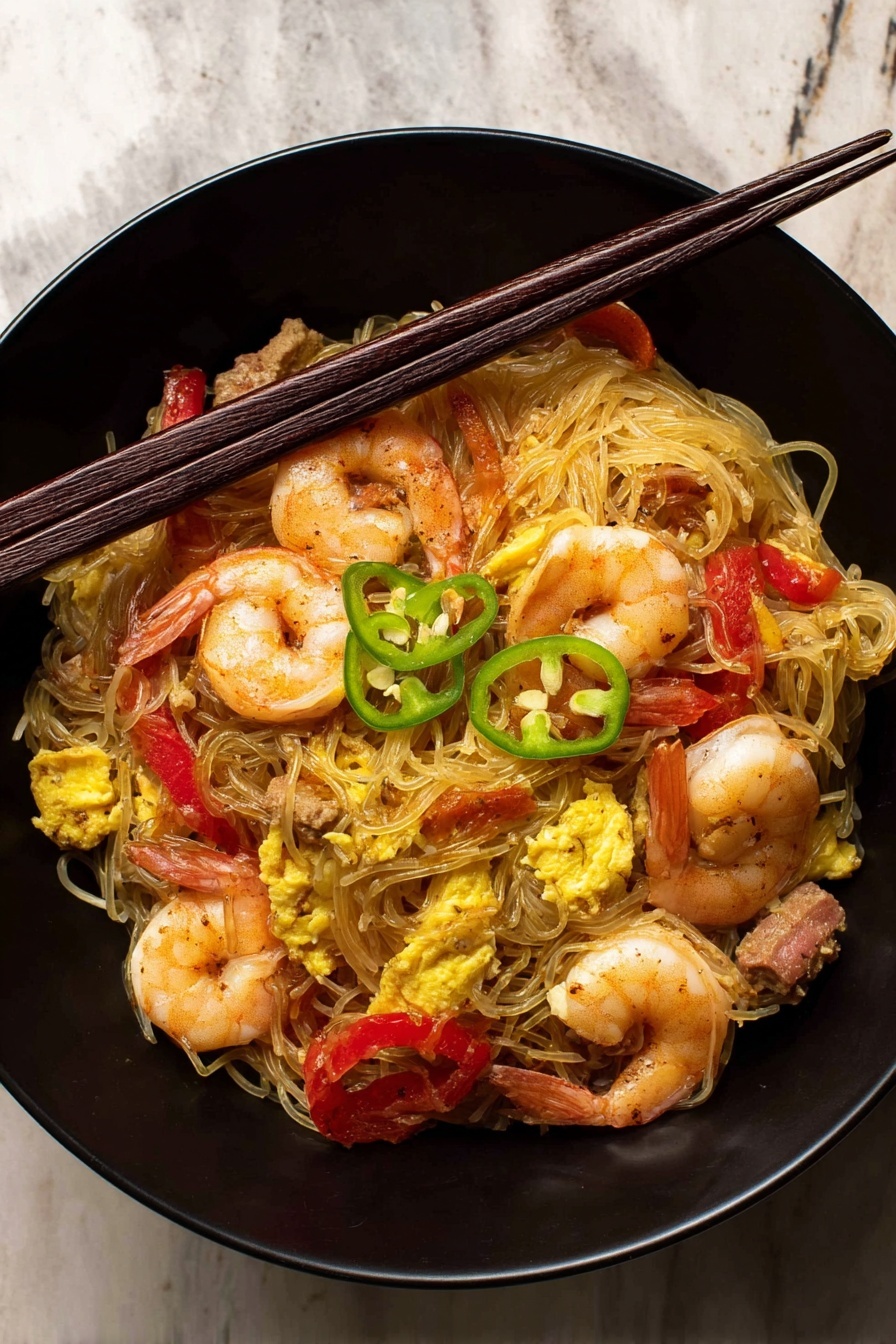 Singapore Noodles with Shrimp and Curry, Singapore Noodles recipe, shrimp noodle stir-fry, spicy curry noodles, quick Asian noodle dish - The image shows a black bowl filled with a noodle dish. The bottom layer is thin, light brown noodles loosely piled. On top, there are several whole cooked shrimp with a slightly pink and orange color. Mixed in are bright red strips of bell pepper and pieces of yellow scrambled egg. There are small chunks of brown meat scattered through the dish. Thin slices of green chili peppers are placed on the top, adding a fresh color contrast. A pair of dark brown chopsticks rest across the bowl on the top edge. The bowl is set on a surface with a white marbled texture. photo taken with an iphone --ar 2:3 --v 7
