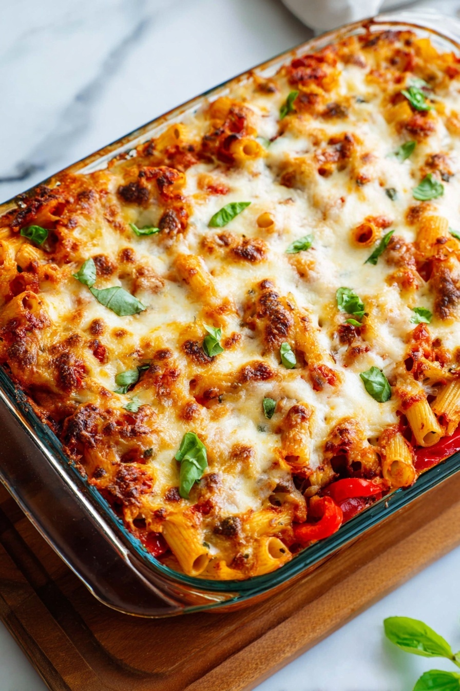 Roasted Vegetable Baked Ziti, healthy baked ziti with roasted vegetables, vegetarian baked pasta recipe, hearty vegetable pasta bake, easy baked ziti with cheese and vegetables - A glass baking dish filled with a baked pasta dish showing three visible layers: the bottom layer is a bright red tomato sauce with chunks of cooked red bell peppers; the middle layer has rigatoni pasta mixed with more sauce and vegetables, and the top layer is covered with melted, golden-brown cheese that has some lightly charred spots and fresh green basil leaves scattered on top. The dish sits on a wooden board placed on a white marbled surface with a few small basil leaves scattered nearby. photo taken with an iphone --ar 2:3 --v 7