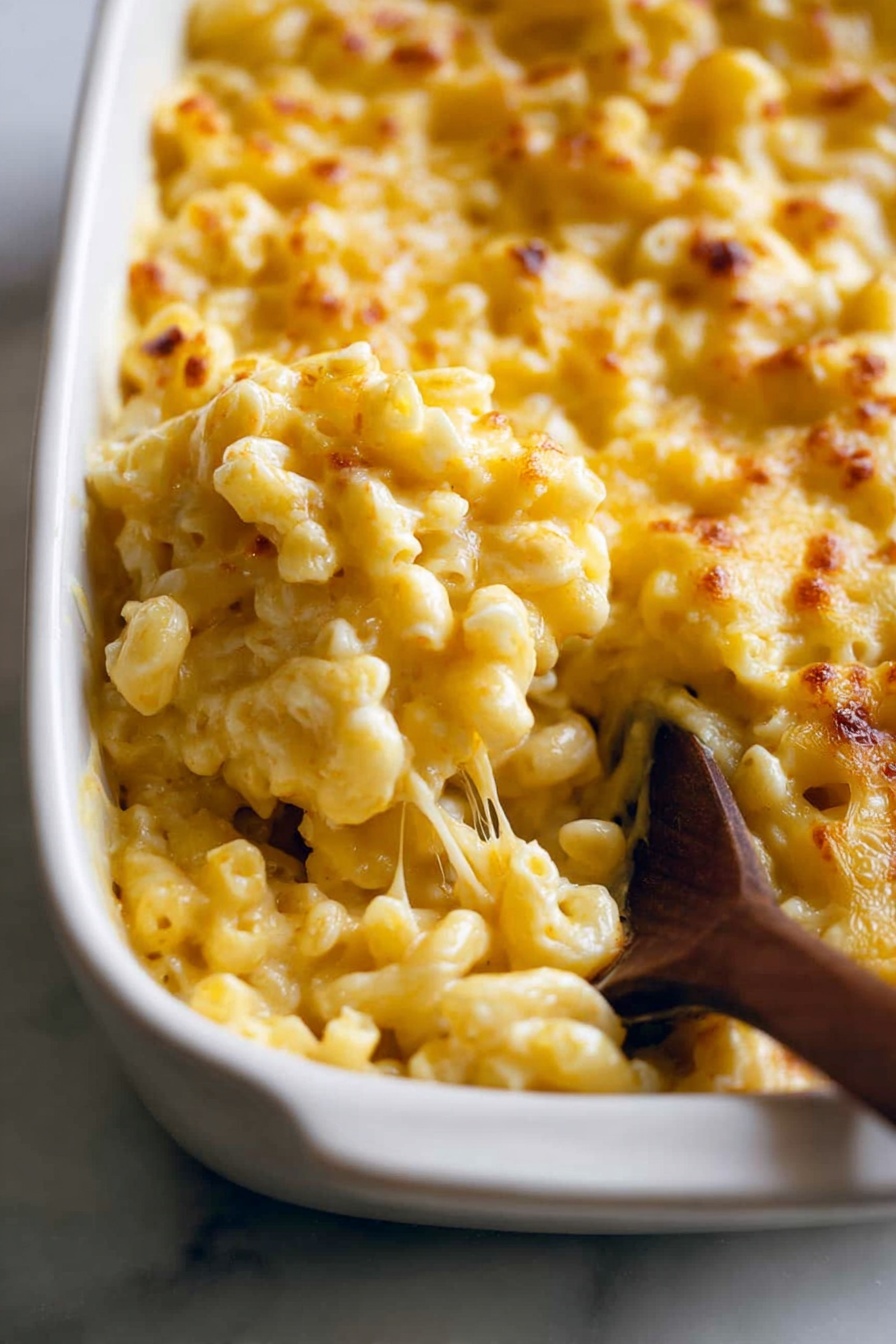 Creamy Baked Mac and Cheese, baked mac and cheese, cheesy baked pasta, comfort food recipes, homemade mac and cheese - A close-up of a white rectangular dish filled with creamy macaroni and cheese. The top layer is golden and slightly browned with melted cheese that looks soft and thick. The macaroni pasta underneath is coated in a rich, smooth yellow cheese sauce. A wooden spoon is partially inside the dish, scooping up the macaroni, showing the cheese sauce stretching slightly. The dish sits on a smooth white marbled surface. Photo taken with an iphone --ar 2:3 --v 7