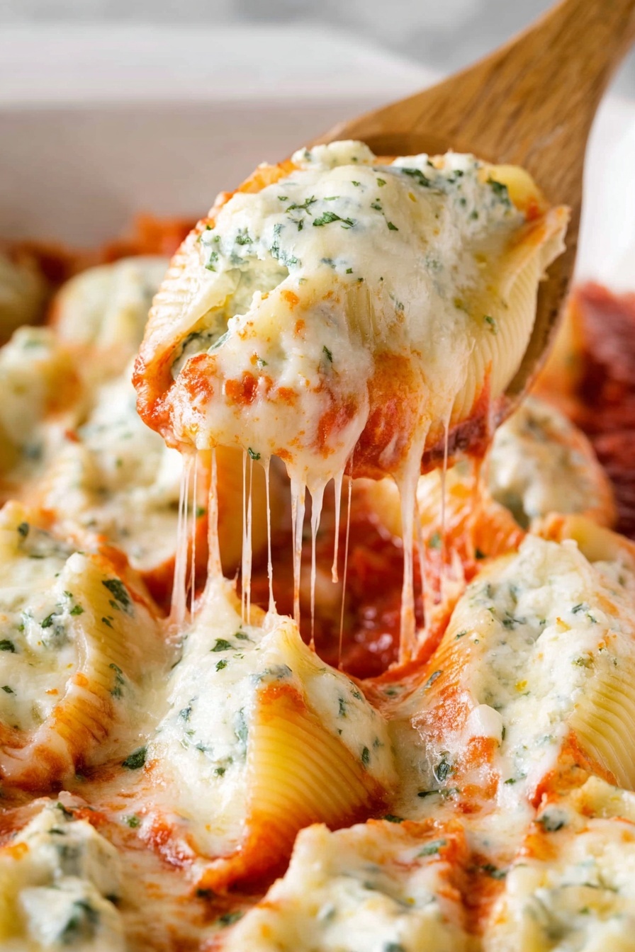 Cheesy Chicken Stuffed Shells, cheesy stuffed shells, chicken pasta bake, baked stuffed shells recipes, cheesy pasta shells - The image shows a tray full of stuffed pasta shells arranged tightly side by side on a white marbled surface. Each pasta shell is pale yellow and filled with creamy white cheese inside. Over the shells is a layer of red tomato sauce, topped by melted white cheese that flows smoothly over the shells. Small green pieces of herbs are sprinkled evenly across the whole dish, adding small green dots on the cheese and sauce. The texture of the melted cheese is soft and shiny, and the tomato sauce appears slightly chunky. photo taken with an iphone --ar 2:3 --v 7