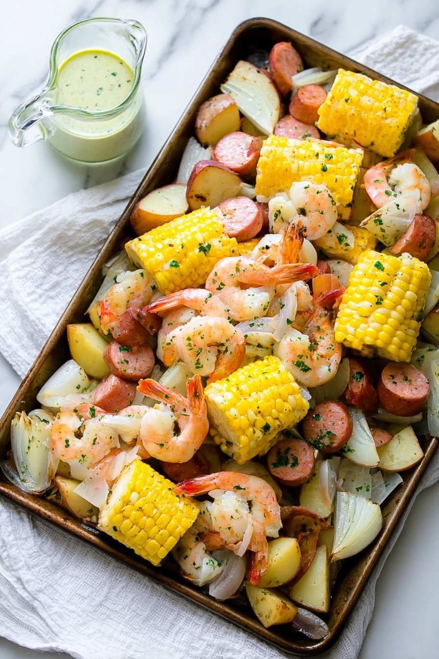 Old Bay Shrimp Boil, seafood boil recipe, easy seafood dinner, quick shrimp boil, seafood party idea - This image shows a tray of cooked food with several layers. The bottom layer consists of sliced red potatoes and onion pieces scattered across the tray. On top of this layer are thick slices of yellow corn on the cob, arranged in clusters. Mixed among the corn and potatoes are pink shrimp with tails on, and chunks of sliced sausage that are rich brown with a smooth texture. The entire dish is sprinkled lightly with green herbs, adding a splash of color. In the corner, there is a small clear glass pitcher containing a light green sauce with herbs, placed on a white marbled surface with a white cloth underneath the tray. photo taken with an iphone --ar 2:3 --v 7