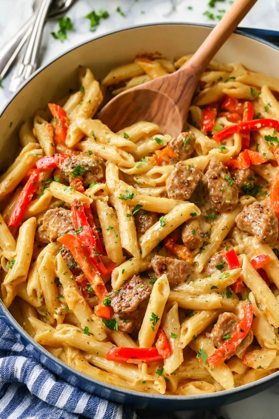 Creamy Cajun Chicken Pasta, Cajun Chicken Pasta, Cajun pasta recipes, creamy pasta dishes, easy Cajun chicken recipes - A white pan filled with pasta dish showing three main layers: the first layer is pale yellow penne pasta with a smooth texture, mixed evenly throughout; the second layer includes chunks of brown cooked meat scattered on top of the pasta; the third layer consists of thin red and orange bell pepper strips mixed throughout the dish; small green parsley leaves are sprinkled across the surface for garnish, and a wooden spoon is partially digging into the dish from the top left side. The pan sits on a white marbled surface with a blue and white striped cloth partly underneath, and a silver fork is placed next to the cloth. photo taken with an iphone --ar 2:3 --v 7