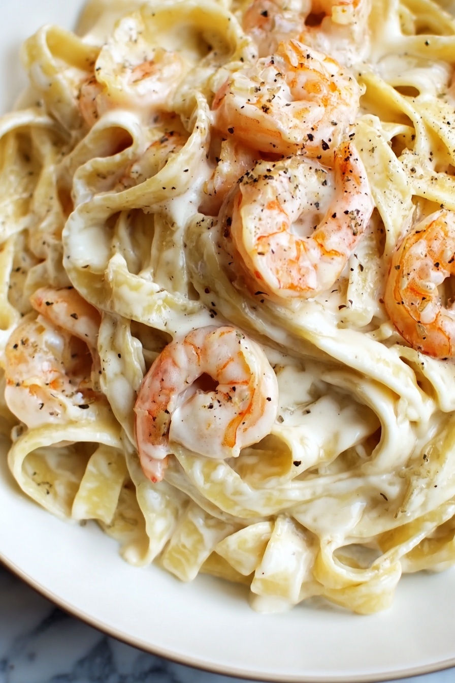 Shrimp Alfredo, easy shrimp pasta, creamy seafood pasta, quick shrimp Alfredo, simple Italian shrimp dish - The image shows a close-up of creamy shrimp pasta with thick, flat noodles mixed in a white cream sauce. The noodles are smooth and light yellow, tangled together with several plump, pink shrimp placed on top and within the pasta. The shrimp have a light, slightly translucent texture with some orange highlights. Small specks of black pepper are sprinkled evenly over the dish, adding contrast to the creaminess. The background is a white marbled texture. photo taken with an iphone --ar 2:3 --v 7