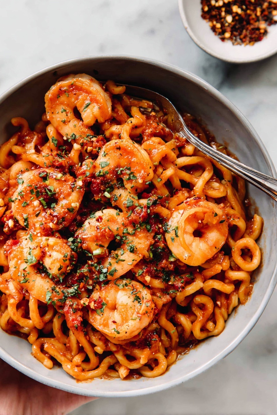 Shrimp Fra Diavolo Pasta, spicy seafood pasta, quick Italian dinner, easy shrimp pasta recipe, flavorful seafood pasta - The image shows a close-up of a pasta dish with curly, ridged pasta noodles that have a light yellow color. Scattered on top are many cooked shrimp that are orange with some pinkish, white parts. The shrimp are seasoned with small dark and green herb flakes. Small chunks of red tomato sauce are spread throughout the pasta and shrimp, adding bright color. The dish's texture looks slightly moist with a mix of smooth pasta and the firmer shrimp. The background has a white marbled texture. Photo taken with an iphone --ar 2:3 --v 7