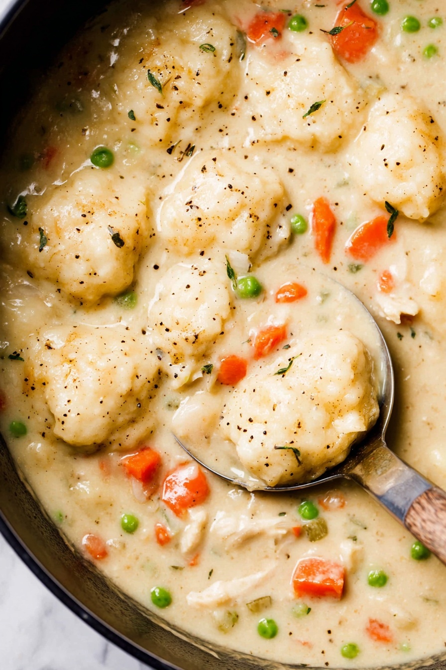 Vegan Chicken and Dumplings, vegan comfort food, plant-based chicken stew, vegan dumplings recipe, dairy-free chicken and dumplings - This image shows a close-up of a creamy stew in a black pot, filled with chunky white dumplings that have a soft, fluffy texture and are sprinkled with black pepper. The stew is thick and light beige with visible chunks of orange carrots, small green peas, and pieces of white meat scattered throughout. A metal ladle with a wooden handle is partially submerged in the stew on the right side, scooping up one dumpling. The background surface has been changed to a white marbled texture. photo taken with an iphone --ar 2:3 --v 7