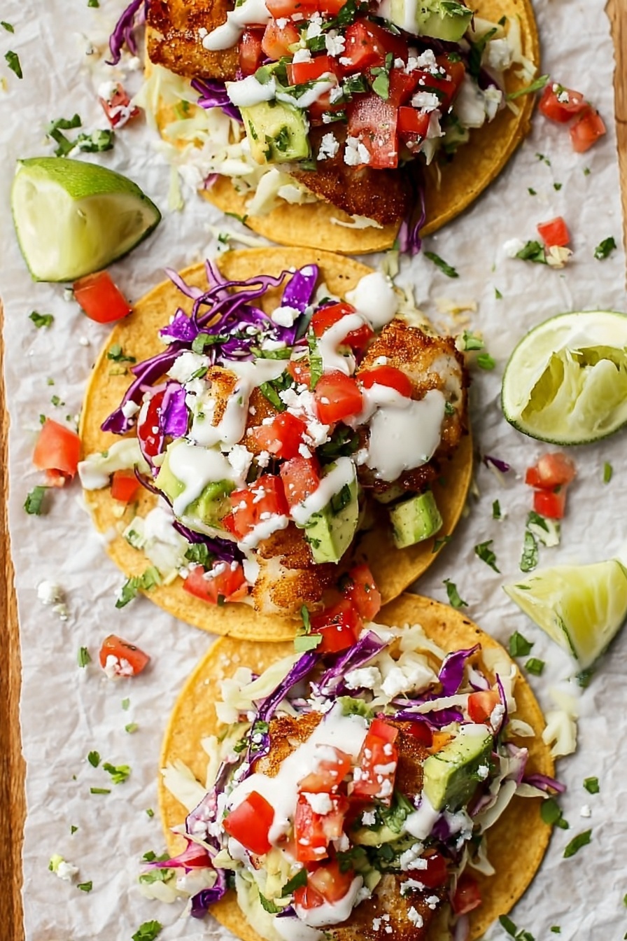 Vegan Fish Tacos with Fresh Toppings, plant-based fish tacos, vegetarian fish taco recipe, crispy vegan fish tacos, healthy vegan taco recipes - The image shows three tacos on a white marbled surface with crumpled parchment paper underneath. Each taco has a yellow corn tortilla as the base layer. On top of the tortillas, there are pieces of golden-brown cooked fish fillets. The fish is topped with small cubes of green avocado and diced red tomatoes. There is also shredded purple cabbage, white crumbled cheese, and small pieces of white onion scattered across the tacos. A light drizzle of creamy white sauce covers the toppings on each taco. Around the tacos, there are quarter lime wedges and small bits of chopped green herbs sprinkled on the surface. Photo taken with an iphone --ar 2:3 --v 7