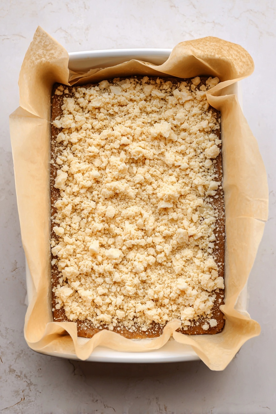 Vegan Pumpkin Crumble Bars, fall vegan desserts, plant-based pumpkin bars, dairy-free pumpkin crumble, easy vegan pumpkin treats - A rectangular dessert with two main layers sits inside a white baking dish lined with beige parchment paper. The bottom layer is a dense, medium brown base, smooth in texture. The top layer is made of scattered crumbly pieces in pale yellow and off-white colors, giving a rough and irregular look. The edges of the parchment paper fold up and around the dessert, creating a soft border. The whole dish rests on a white marbled surface. photo taken with an iphone --ar 2:3 --v 7