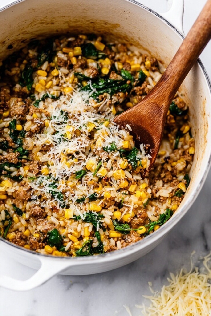 One-Pot Sausage Orzo with Spinach, sausage orzo pasta, easy sausage orzo recipe, simple one-pot dinner, healthy sausage spinach dish - A white pot filled with a textured mix of small yellow corn pieces, green spinach leaves, light brown cooked meat, and white rice mixed with grated cheese. A wooden spoon is resting inside the pot on the right side, partially submerged in the mixture, showing a rich combination of colors with bits visible on top and throughout. The pot is set on a white marbled surface with a small pile of shredded cheese in the lower right corner of the image. Photo taken with an iphone --ar 2:3 --v 7