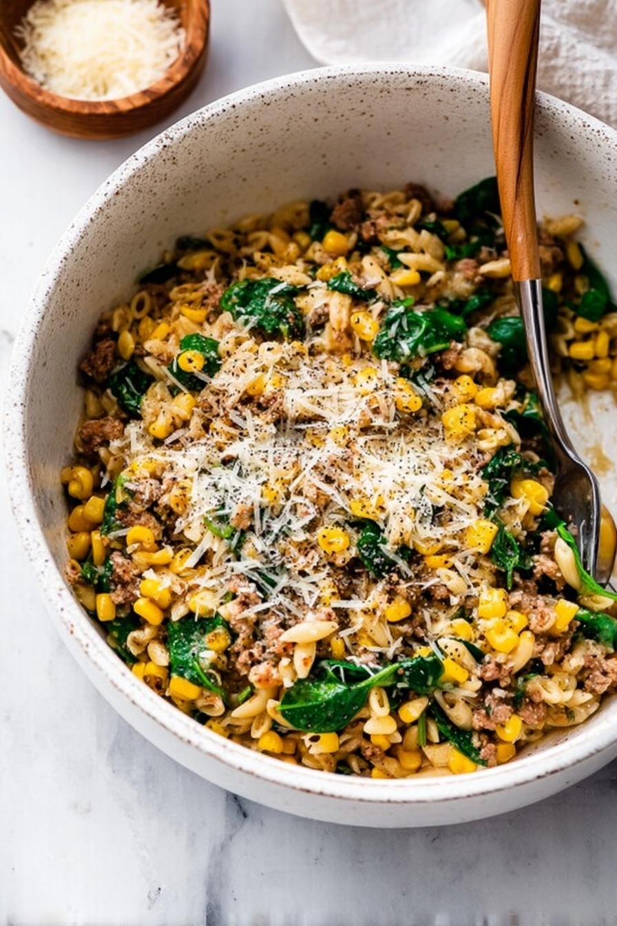 One-Pot Sausage Orzo with Spinach, sausage orzo pasta, easy sausage orzo recipe, simple one-pot dinner, healthy sausage spinach dish - A white speckled bowl filled with a mix of small pasta, bright yellow corn kernels, green spinach leaves, and bits of cooked ground meat. The top is sprinkled with melted grated cheese and black pepper. A silver fork is resting inside the bowl, partially buried in the food. The bowl is on a white marbled surface with a small brown bowl of grated cheese nearby. Photo taken with an iphone --ar 2:3 --v 7