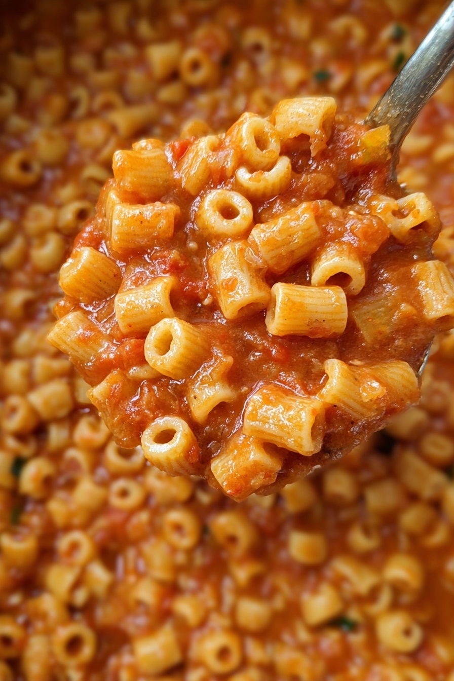 Comforting Pasta Fagioli Soup, Italian bean and pasta soup, hearty pasta and bean recipe, cozy Italian comfort food, easy Pasta Fagioli soup - A close-up view of a large spoon filled with small round pasta tubes coated in a smooth, orange-red tomato sauce mixed with small bits of herbs and vegetables, with more pasta in the same sauce filling the background, creating a dense textured look of pasta and sauce blending together, all set on a white marbled surface. photo taken with an iphone --ar 2:3 --v 7
