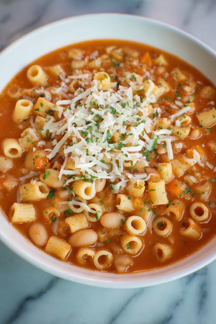 Comforting Pasta Fagioli Soup, Italian bean and pasta soup, hearty pasta and bean recipe, cozy Italian comfort food, easy Pasta Fagioli soup - A white bowl filled with small tube-shaped pasta in a thick orange tomato broth with visible small white beans and diced orange vegetables. The dish is topped with shredded white cheese and small green herb pieces scattered evenly on top. The bowl sits on a white marbled surface. photo taken with an iphone --ar 2:3 --v 7