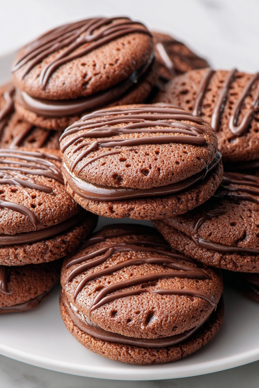 Fudge Rounds Cookies with Chocolate Filling, chocolate sandwich cookies, fudge cookies with filling, homemade chocolate cookies, soft fudgy cookie recipe - A single chocolate cookie is placed in the center of a white plate on a white marbled surface. The cookie has two round layers with a smooth chocolate filling in the middle. The top layer is decorated with thin, wavy lines of chocolate drizzle. A bite is taken out of the cookie, showing the soft texture inside, and a small crumb lies nearby. In the background, a cooling rack with more cookies can be seen slightly out of focus, and a white glass of milk is partially visible on the left edge of the image. Photo taken with an iphone --ar 2:3 --v 7