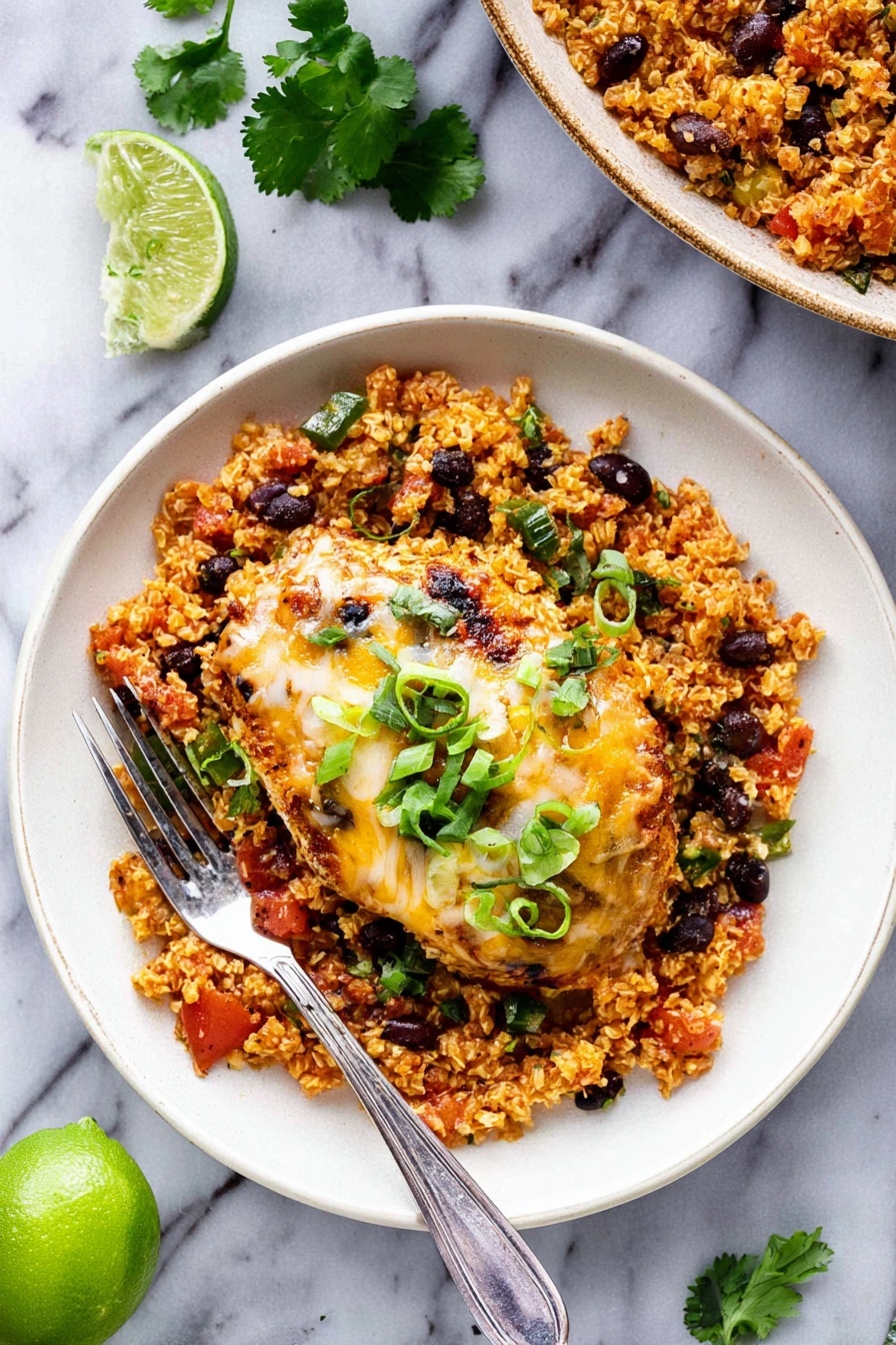 Salsa Chicken with Cauliflower Rice, healthy Mexican chicken skillet, easy low-carb dinner, quick weeknight chicken recipe, flavorful cauliflower rice dish - A close-up view of a skillet filled with several pieces of grilled chicken topped with melted cheese and red sauce, each piece showing a mix of golden brown and white from the cheese, and red from the sauce. Underneath and around the chicken, there is a layer of orange-brown cooked rice mixed with black beans, scattered with green onion slices and small green herb leaves. The chicken pieces have a slightly crispy texture with melted cheese stringing between them. The skillet has a dark edge visible at the top, and a wooden spoon is lifting a portion from the side. Photo taken with an iphone --ar 2:3 --v 7