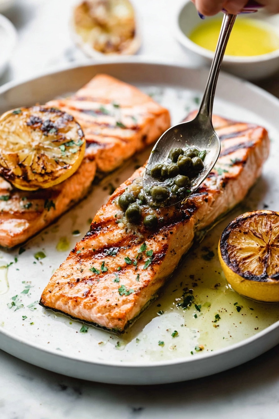 Lemon Caper Sauce for Fish and Chicken, Lemon Caper Sauce, Easy Fish and Chicken Sauce, Zesty Lemon Capers, How to Make Lemon Caper Sauce - Two grilled salmon fillets with visible dark grill lines lie on a white plate over a white marbled surface. One fillet in front is topped with a spoon held by a woman's hand, adding green capers and a drizzle of oil. Each fillet has a sprinkling of finely chopped herbs and pepper, adding green and black specks. On each side of the plate, there is a round grilled lemon half, showing a charred brown and yellow texture. The plate has some small scattered herb bits and oil drops around the salmon. A small bowl with yellow sauce is partly visible at the plate's edge in the bottom right corner. photo taken with an iphone --ar 2:3 --v 7