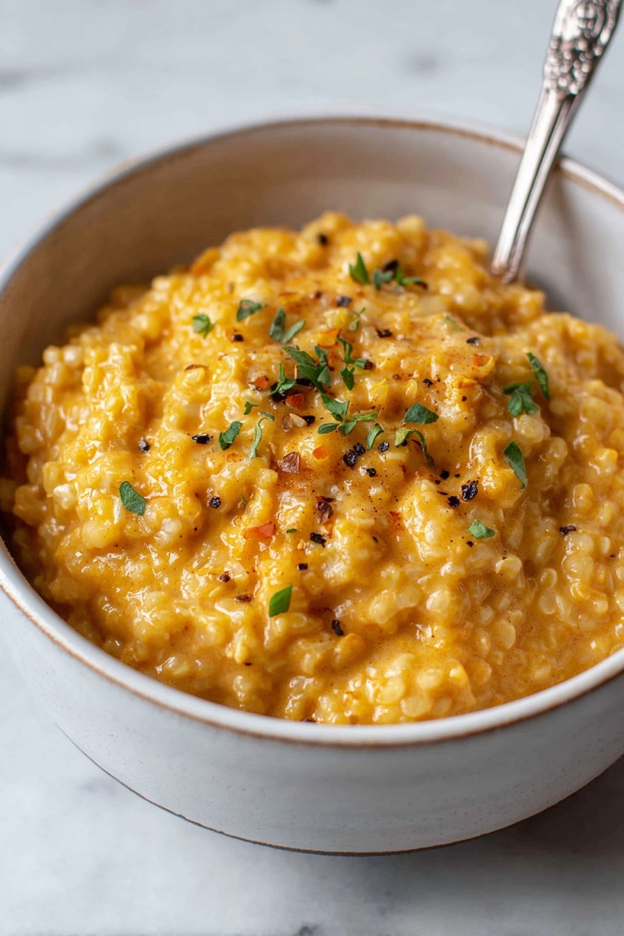 Cheesy Quinoa, cheesy quinoa recipe, healthy cheesy quinoa, creamy quinoa dish, easy quinoa with cheese - A close-up view of a bowl filled with a creamy, chunky orange-colored dish. The dish has small, round grains mixed in with a smooth sauce giving it a thick and hearty texture. It is lightly sprinkled with small green herb pieces and a few black pepper flakes on top. The bowl is white with a subtle shiny glaze, sitting on a white marbled surface. A silver spoon with a detailed handle is partially visible resting inside the bowl. Photo taken with an iphone --ar 2:3 --v 7