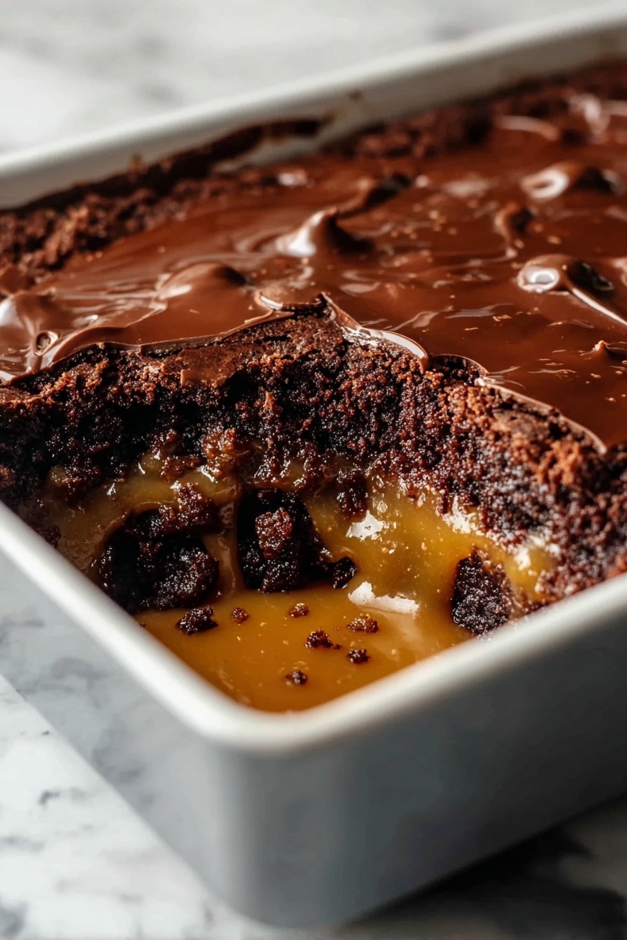 Chocolate Caramel Dump Cake, easy chocolate dessert, caramel dump cake recipe, simple dessert with chocolate and caramel, no-fuss dump cake - The image shows a close-up view of a white baking dish with a chocolate dessert inside, which has three visible layers. The top layer is a shiny, melted dark chocolate with a slightly wrinkled texture. Below that is a thick, crumbly dark brown chocolate layer. The bottom layer is a smooth, golden caramel that is slightly spilled inside the dish. The dessert has a section cut out, revealing the gooey caramel dripping down and mixing with the crumbly chocolate layer. The background is a white marbled surface. photo taken with an iphone --ar 2:3 --v 7