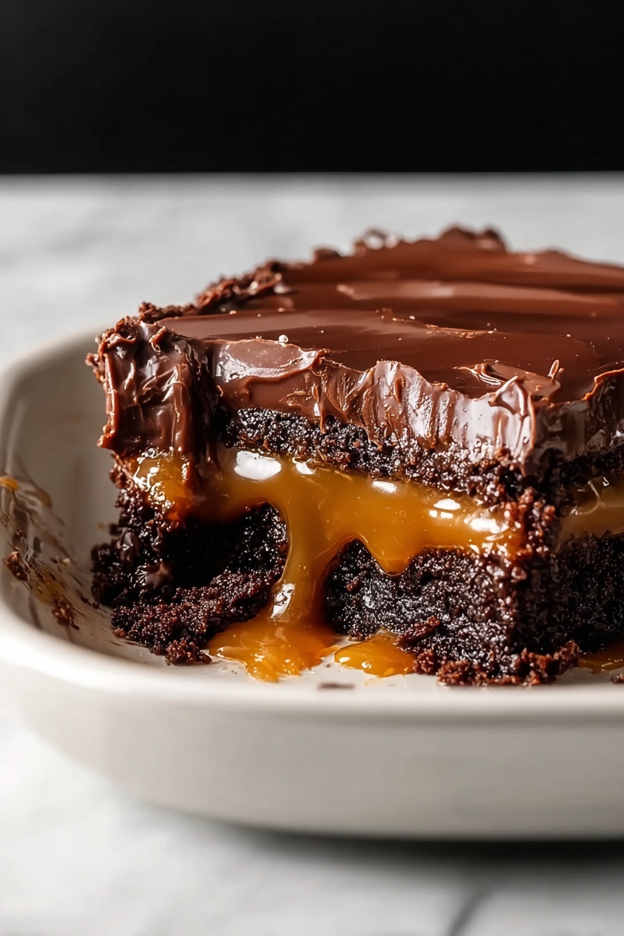 Chocolate Caramel Dump Cake, easy chocolate dessert, caramel dump cake recipe, simple dessert with chocolate and caramel, no-fuss dump cake - The image shows a thick square piece of dessert with four visible layers. The bottom and third layers are dark brown, crumbly cake with small bits mixed in for texture. The second layer is creamy caramel color, smooth and slightly shiny, oozing out at the edges. On top, there is a shiny caramel layer dripping slowly down, with chunks of dark chocolate scattered on it. The dessert sits on a white plate, with a white marbled background. Photo taken with an iphone --ar 2:3 --v 7