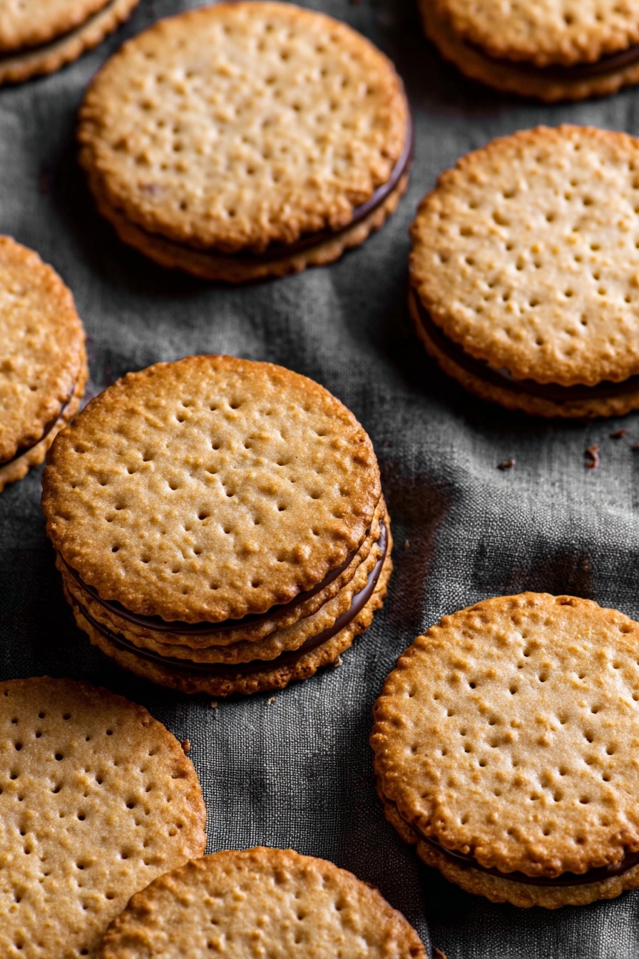 Almond Flour Lace Cookies with Nutella, almond flour lace cookies, Nutella lace cookies, crispy lace cookies, caramelized almond cookies - The image shows several round cookies with a golden-brown color and a slightly crispy texture. Each cookie has two thin, lacy layers with small holes throughout, sandwiching a smooth layer of dark chocolate in the middle. The cookies are stacked closely together on a white marbled surface, with clear focus on the front cookie while the background ones blur softly. The light highlights the crunchy texture of the cookie edges and the glossy finish of the chocolate layer. photo taken with an iphone --ar 2:3 --v 7