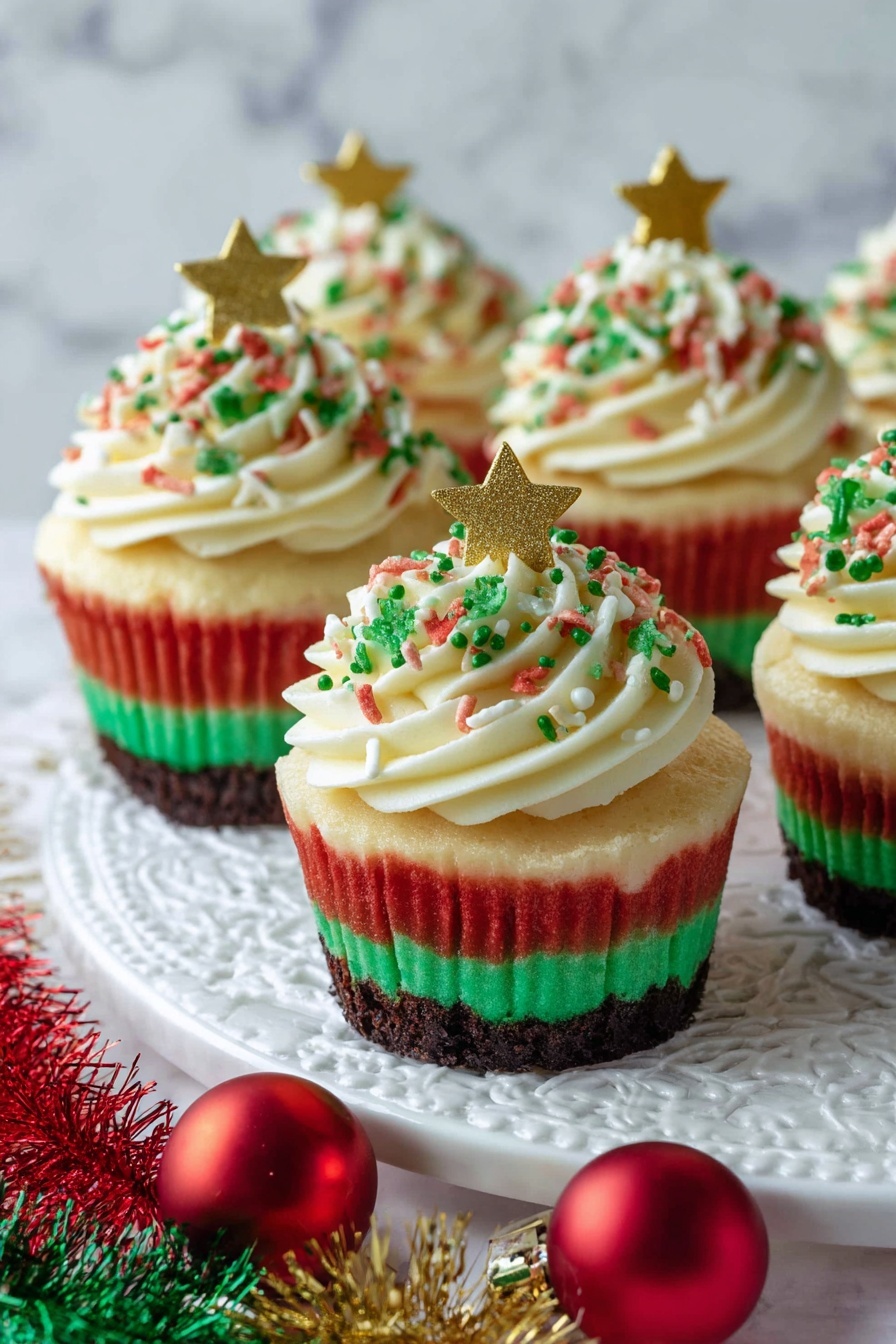 Mini Christmas Cheesecake Bites, Christmas Cheesecake Bites, holiday cheesecake treats, festive mini cheesecakes, easy Christmas dessert - The image shows six cupcakes with four visible layers set on a white marbled textured doily. The bottom layer is dark brown, followed by a creamy light beige layer, then a bright red layer, and topped with a green layer. Each cupcake is crowned with a large swirl of white frosting decorated with red, green, and gold sprinkles. A small gold star-shaped decoration sits on top of the frosting of the front cupcake. In the foreground, there are some red, shiny ornaments and green, red, and gold tinsel blurred out. Photo taken with an iphone --ar 2:3 --v 7