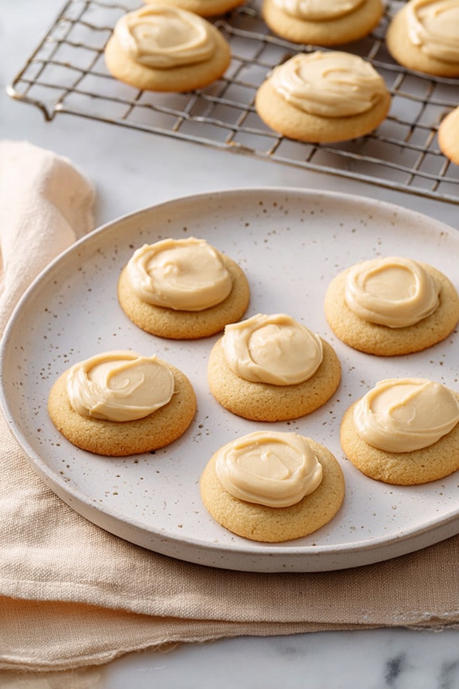 Eggnog Cookies, holiday eggnog cookies, spiced eggnog cookies, soft eggnog cookies recipe, festive eggnog cookie ideas - The image shows six round cookies placed evenly on a large white plate with subtle speckles. Each cookie is golden brown in color with a smooth dollop of creamy, light beige frosting spread on top, covering the center portion of the cookie. The plate is set on a soft beige cloth over a white marbled surface, and in the background, several more frosted cookies rest on a metal cooling rack. The scene is bright with soft, natural lighting highlighting the texture of both the cookies and the frosting. photo taken with an iphone --ar 2:3 --v 7