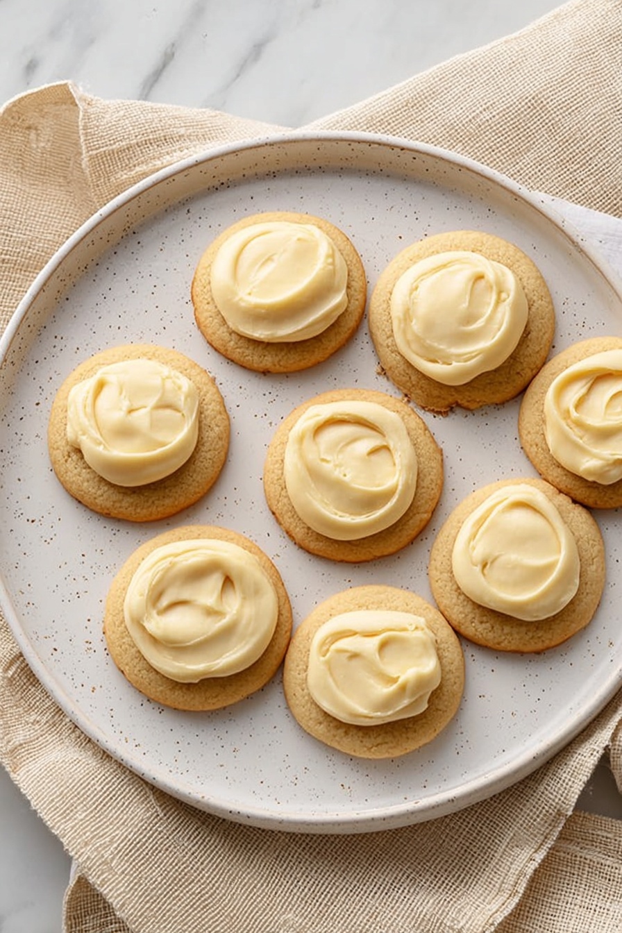 Eggnog Cookies, holiday eggnog cookies, spiced eggnog cookies, soft eggnog cookies recipe, festive eggnog cookie ideas - Seven round cookies with a light brown color and smooth texture are placed on a white speckled plate. Each cookie has a thick layer of creamy, pale yellow frosting spread on the top center, slightly glossy and soft. The plate sits on a light beige cloth with textured folds, and the background is a white marbled surface. Photo taken with an iphone --ar 2:3 --v 7