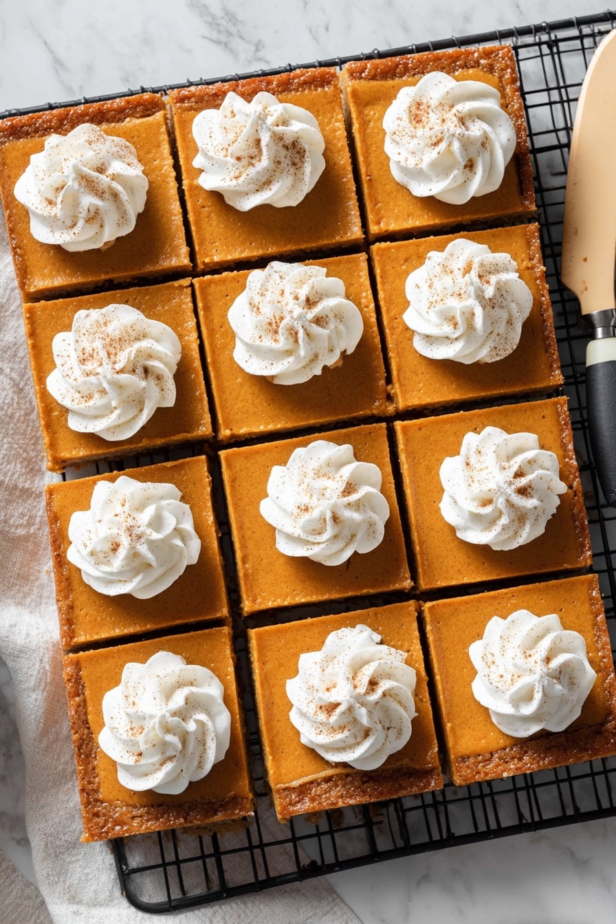 Pumpkin Pie Bars with Shortbread Crust, pumpkin pie bars, shortbread crust pumpkin dessert, easy pumpkin bars, fall holiday treats - The image shows a square pumpkin dessert cut into 16 equal pieces, arranged neatly on a black cooling rack over white marbled texture. Each piece has a smooth orange pumpkin layer on top of a slightly darker orange crust base. On each square, there is a swirl of white whipped cream placed in the center, sprinkled lightly with a brown spice, likely cinnamon or nutmeg. A beige-handled knife is placed to the right side of the dessert. The overall look is clean and tidy, with sharp edges on the squares and soft, fluffy whipped cream swirls. Photo taken with an iphone --ar 2:3 --v 7