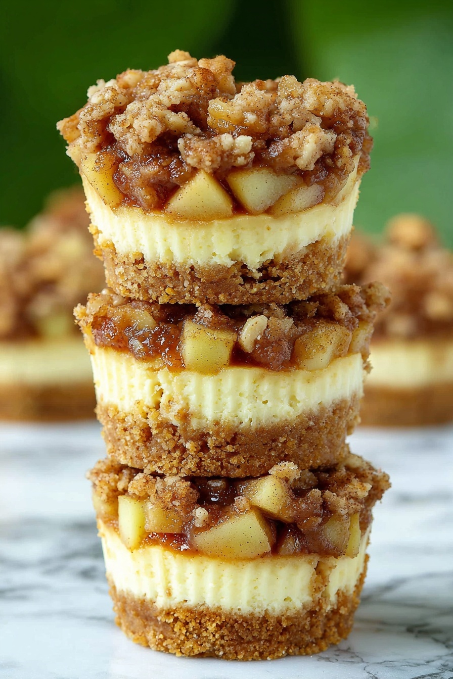 Apple Cheesecake Mini Cupcakes, fall dessert recipes, easy mini cupcake recipes, apple desserts, cheesecake cupcake recipes - This image shows a stack of three mini cheesecakes with a crumbly texture. Each cheesecake has four layers: the bottom layer is a golden brown crumbly base, followed by a smooth, light yellow cheesecake layer. Above that is a chunky layer of diced apples mixed with a brown sauce, and the top layer is a thick crumbly streusel topping with bits of nuts. The cheesecakes are sitting on a white marbled surface with a green blurred background. Photo taken with an iphone --ar 2:3 --v 7