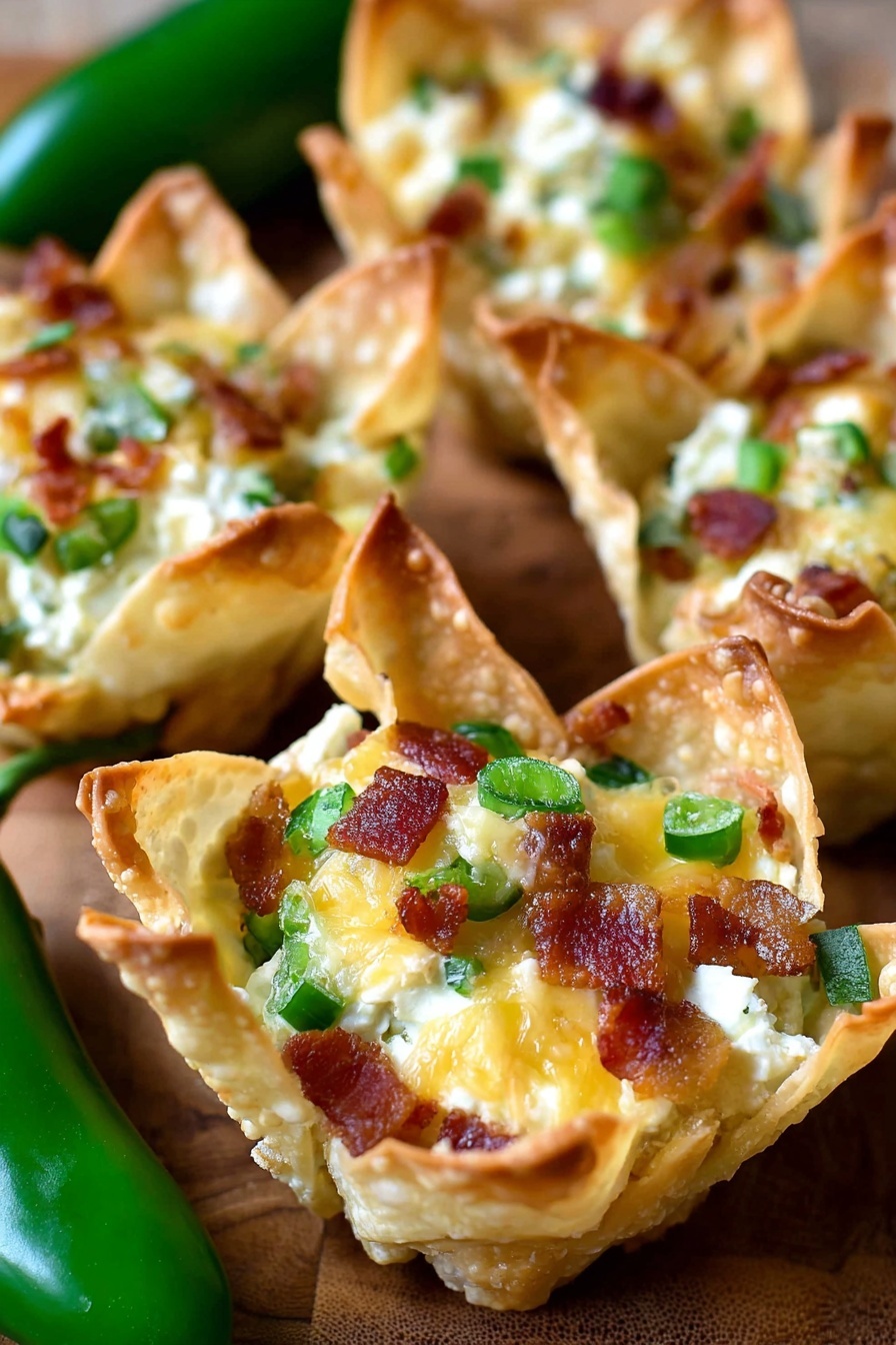 Jalapeno Popper Wonton Cups, spicy appetizer recipes, cheesy jalapeno bites, bacon stuffed wonton cups, easy party snacks - The image shows small taco cups with four layers inside each white, crispy shell. The base is a creamy, white cheese mixture. On top of this, there are pieces of green jalapeno peppers and melted bright yellow cheddar cheese scattered around. The top layer is made up of small pieces of crispy, reddish-brown bacon. The taco cups are placed on a wooden board with some green jalapenos around for decoration. Photo taken with an iphone --ar 2:3 --v 7